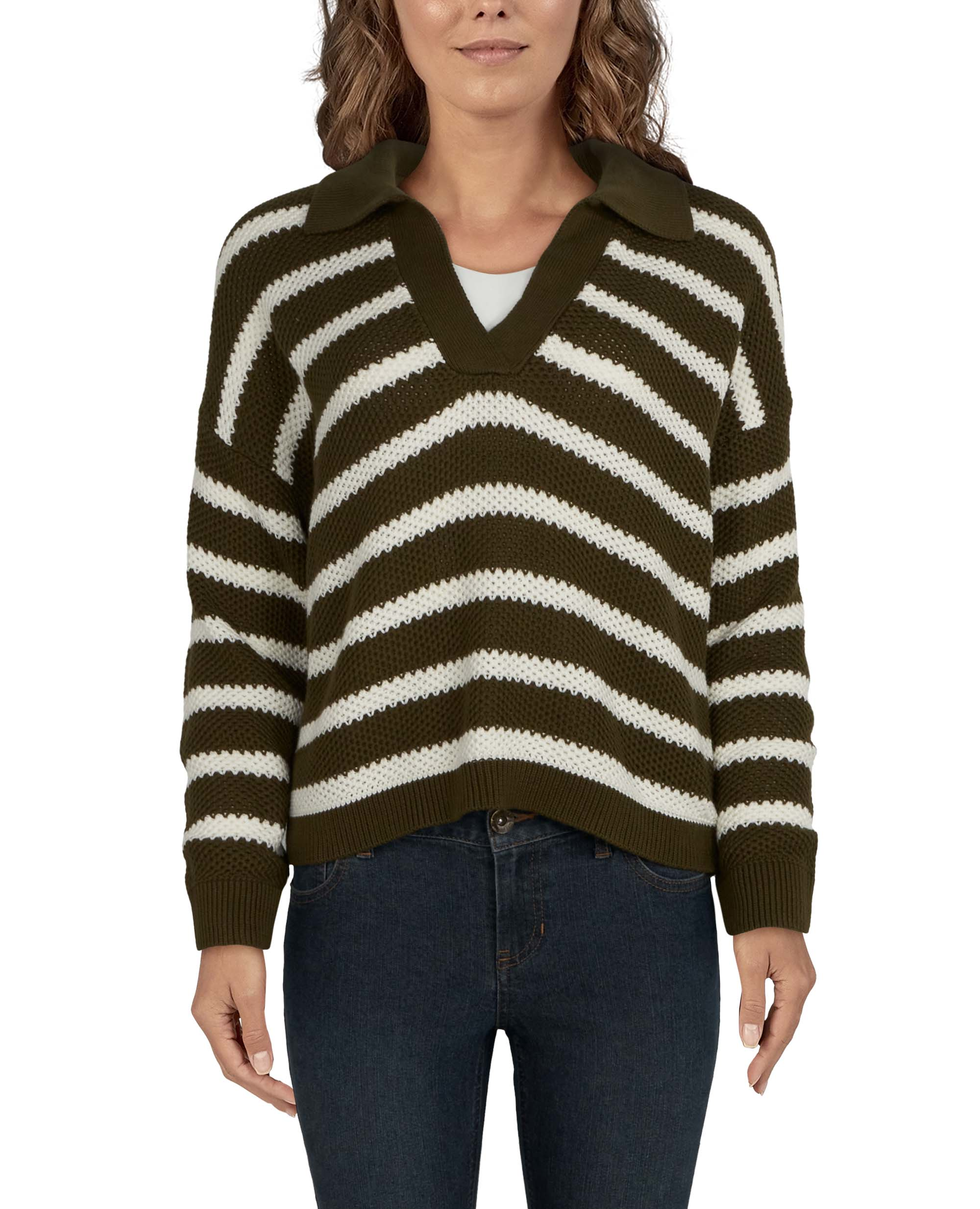 Natural Reflections Riviera Collared Long-Sleeve Sweater for Ladies - Dark Olive Stripe