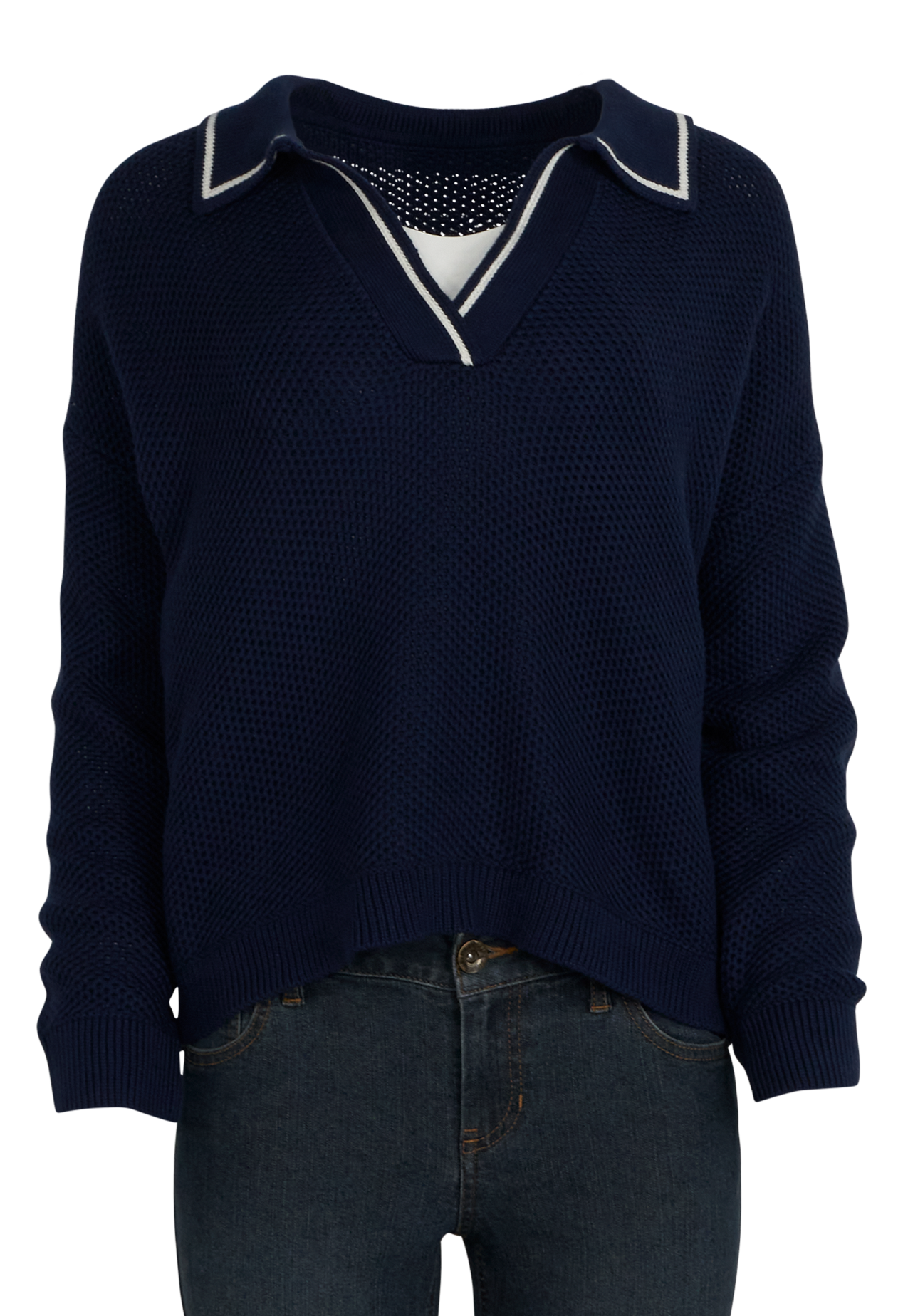 Image of Natural Reflections Riviera Collared Long-Sleeve Sweater - Peacoat Tipped