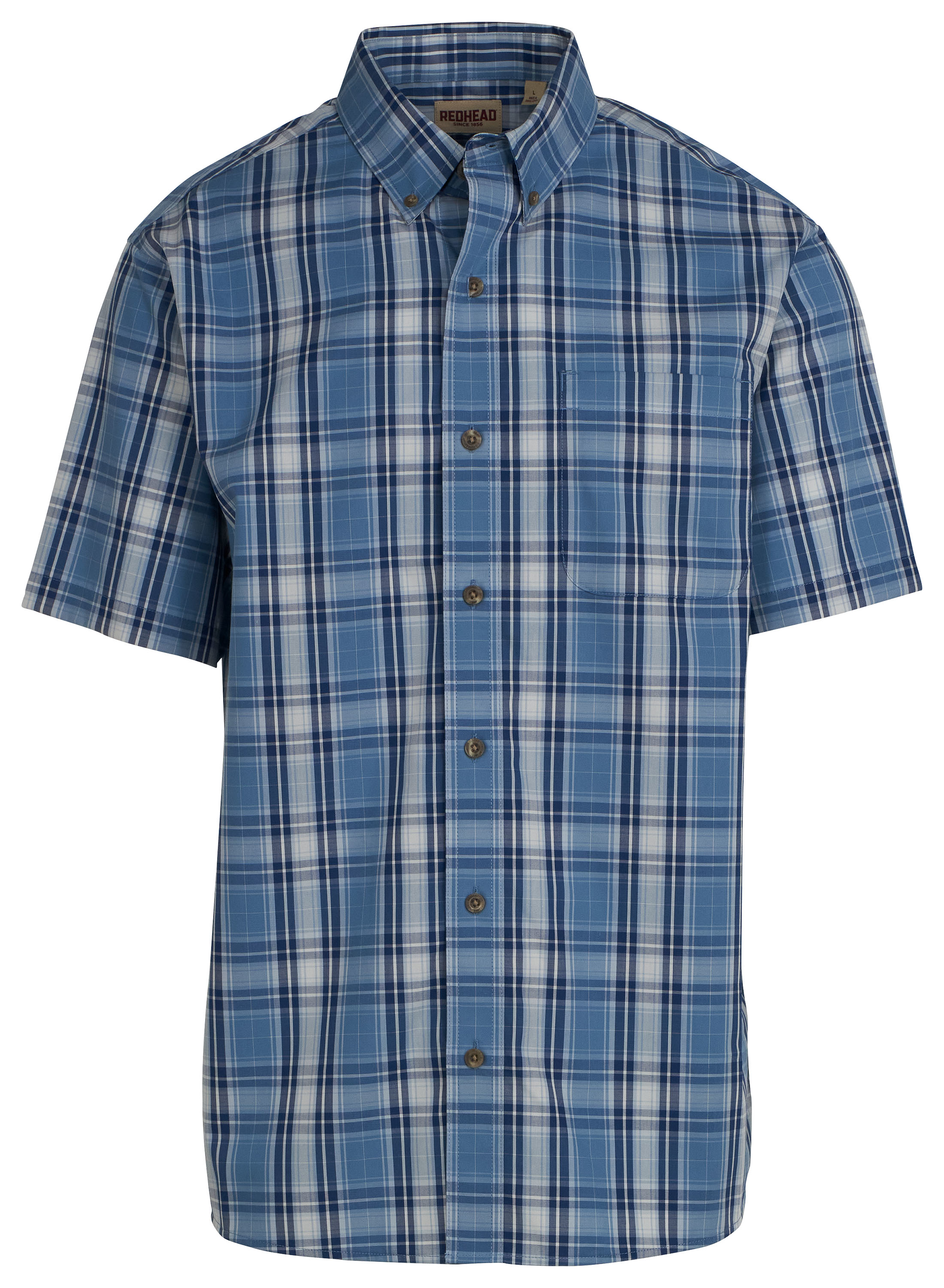 Image of RedHead Wrinkle-Free Plaid Short-Sleeve Button-Down Shirt - Denim Plaid