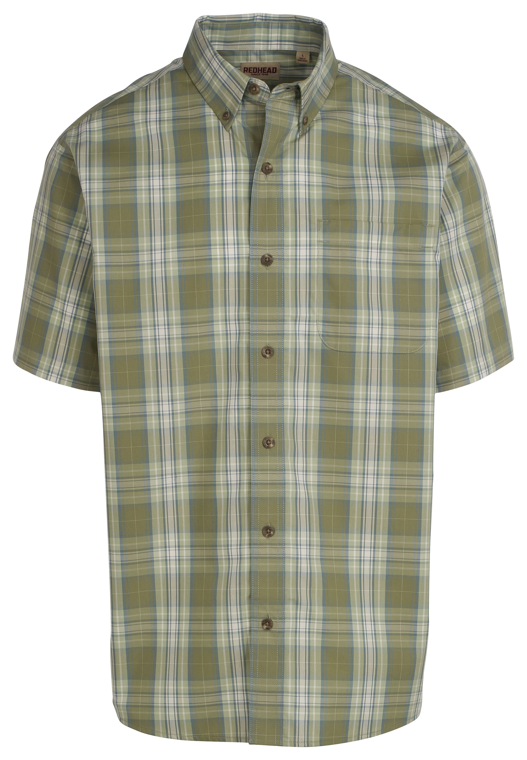 Image of RedHead Wrinkle-Free Plaid Short-Sleeve Button-Down Shirt - Oil Green Plaid