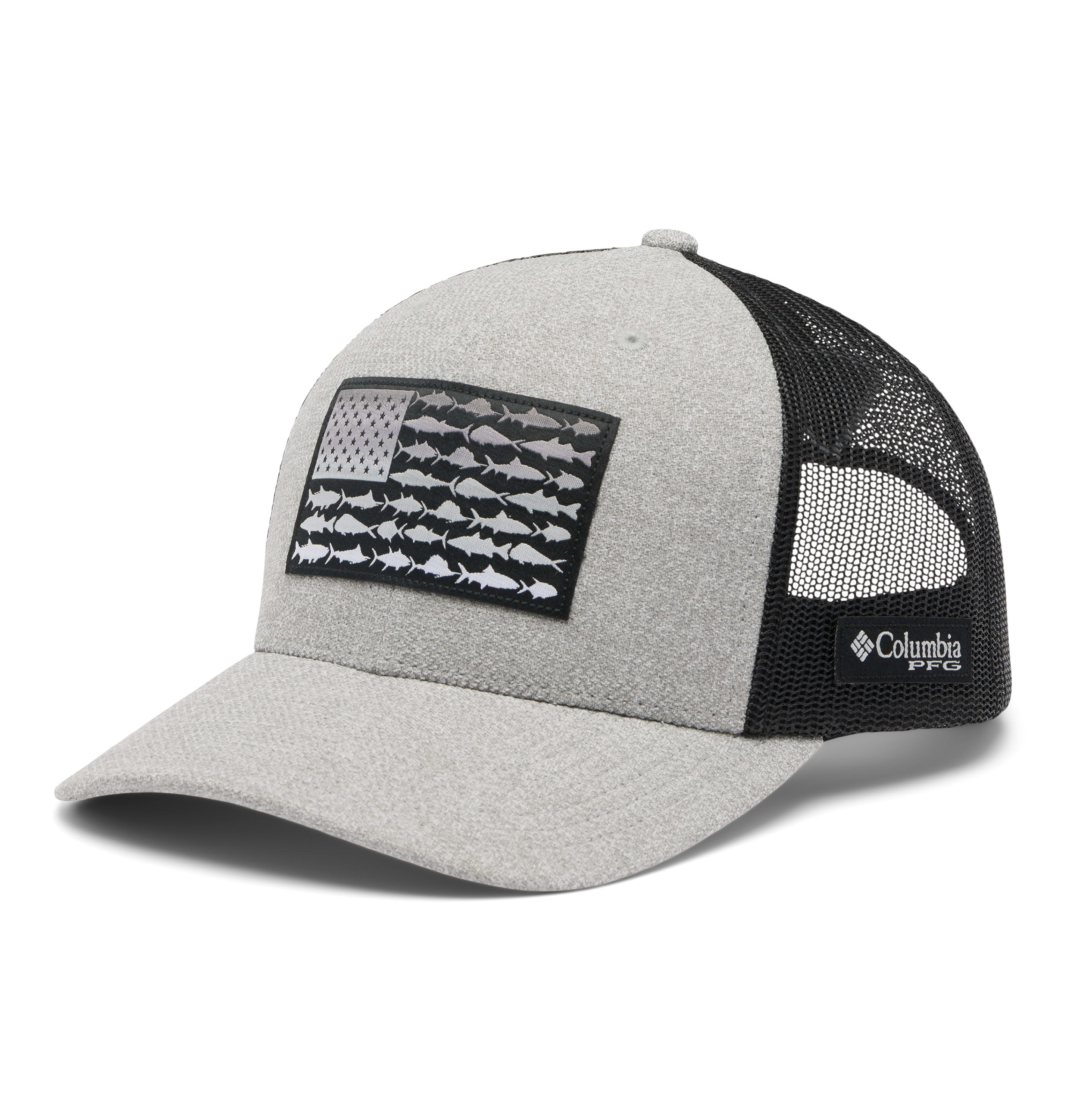 Image of Columbia PFG Mesh Snapback Fish Flag Ball Cap - Cool Grey Heather/Black