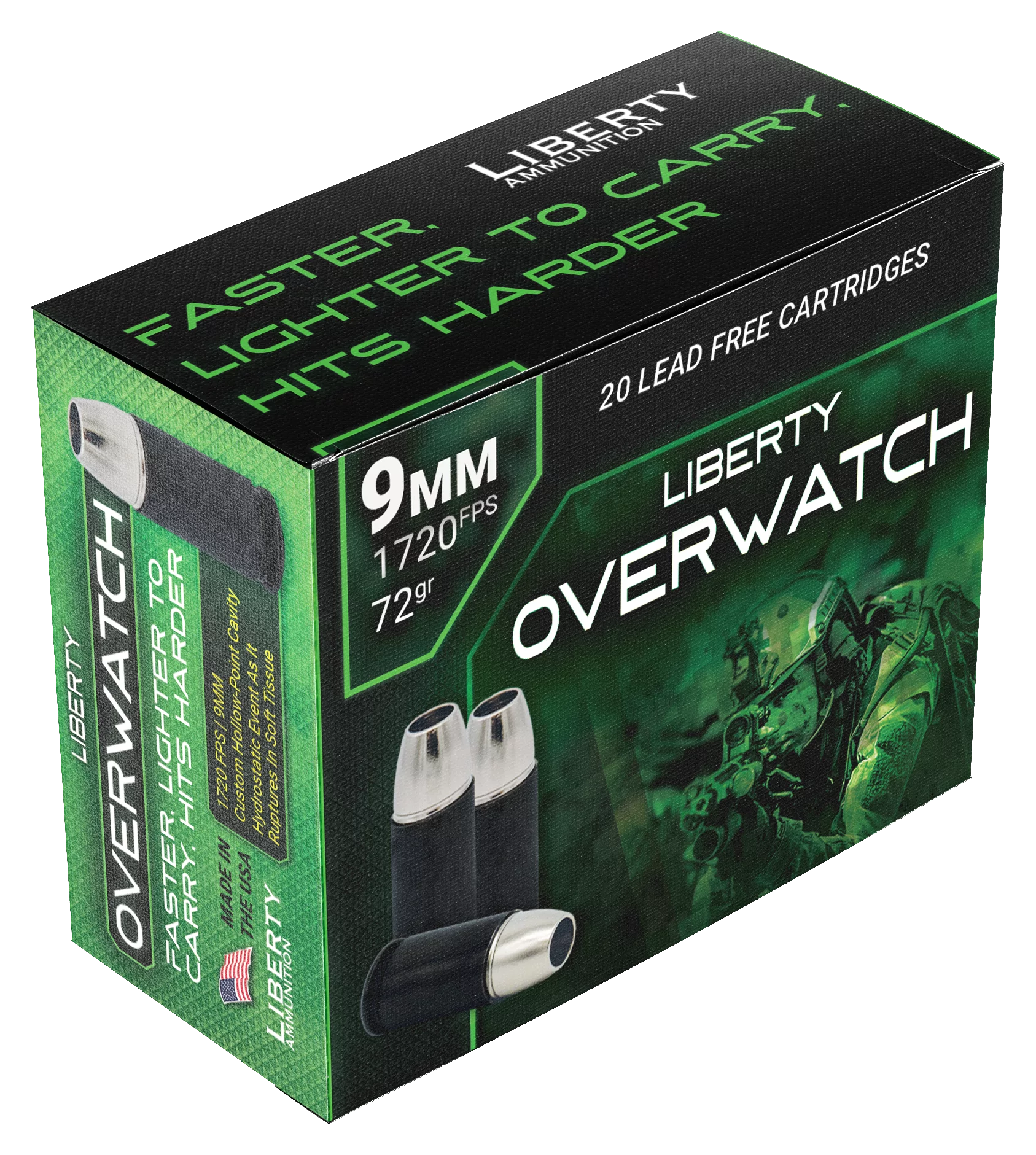 Liberty Ammunition OVERWATCH 9mm Luger 72 Grain Open Cavity Lead-Free Handgun Ammo