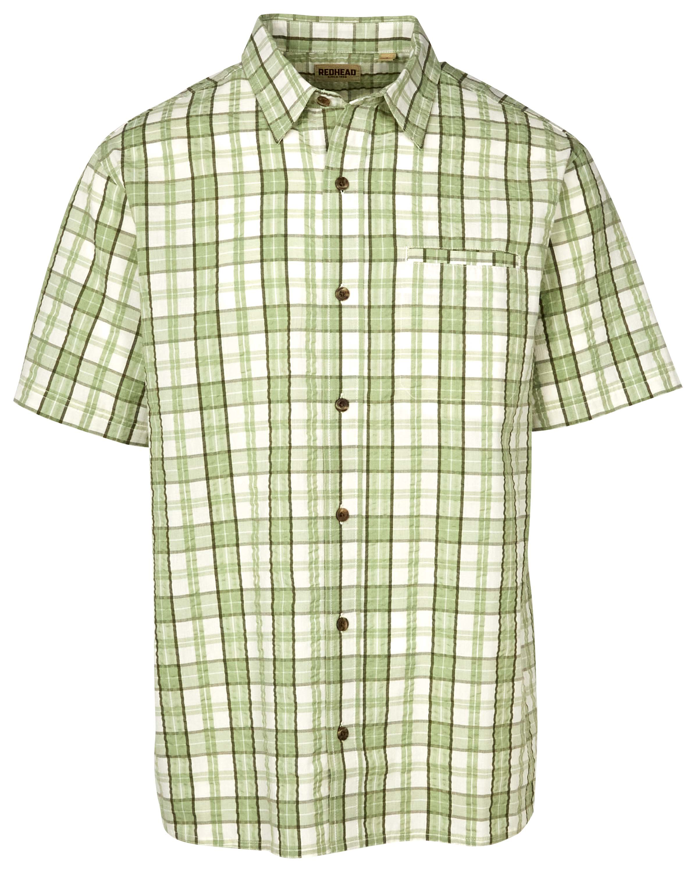 Image of RedHead Seersucker Button-Up Plaid Short-Sleeve Shirt for Men - Moss Plaid