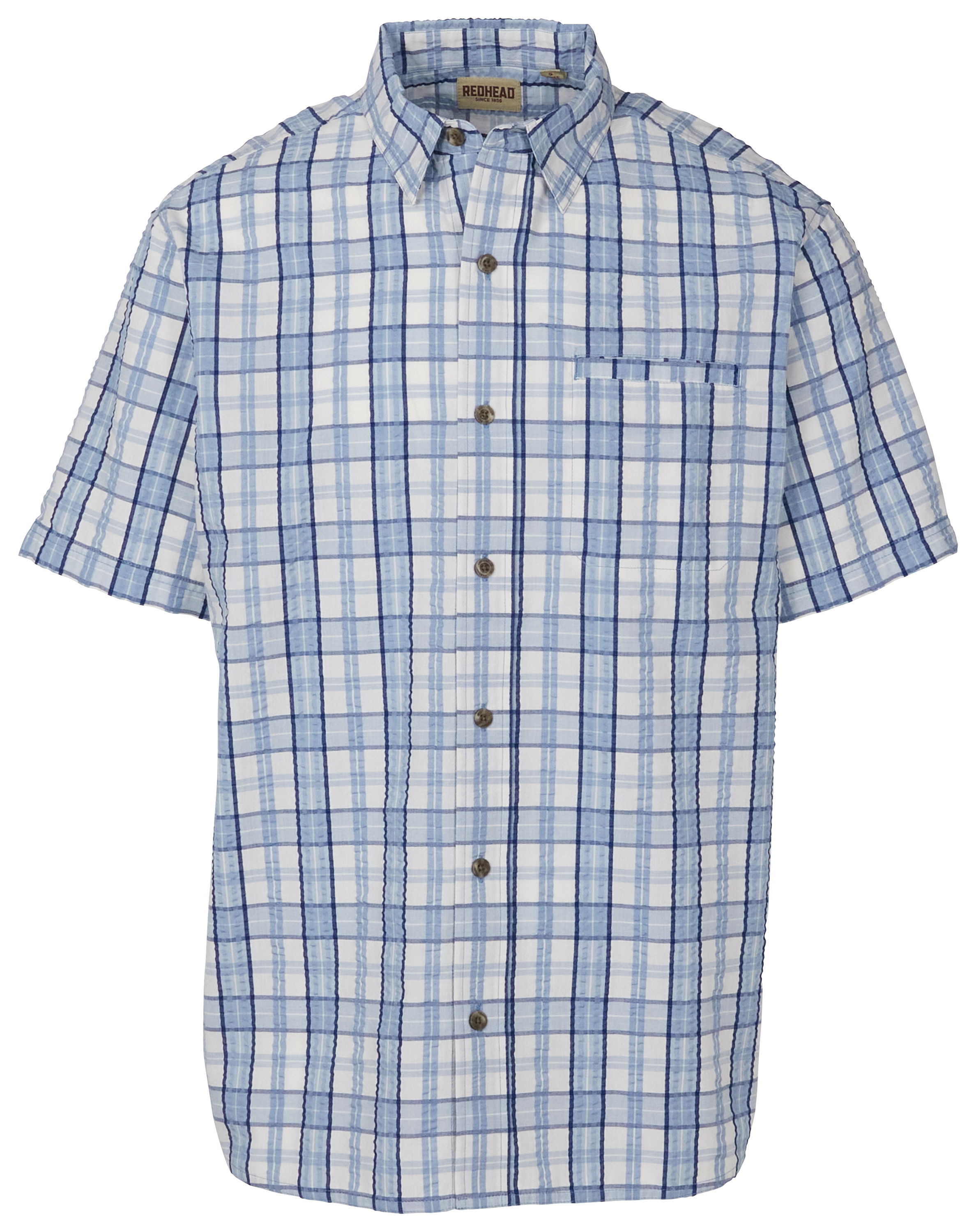 Image of RedHead Seersucker Button-Up Plaid Short-Sleeve Shirt for Men - Dusty Blue Plaid