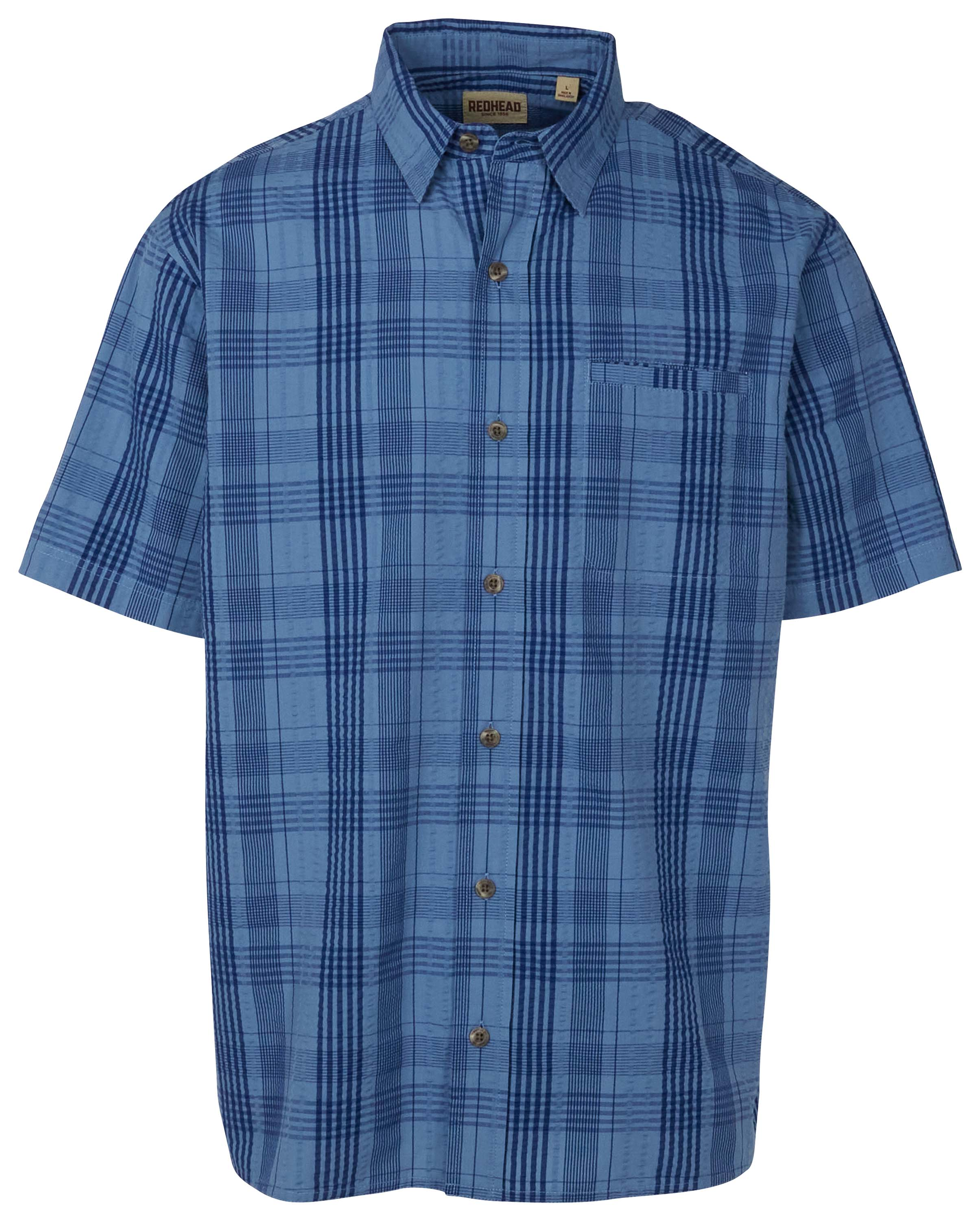 Image of RedHead Seersucker Button-Up Plaid Short-Sleeve Shirt for Men - Captains Blue
