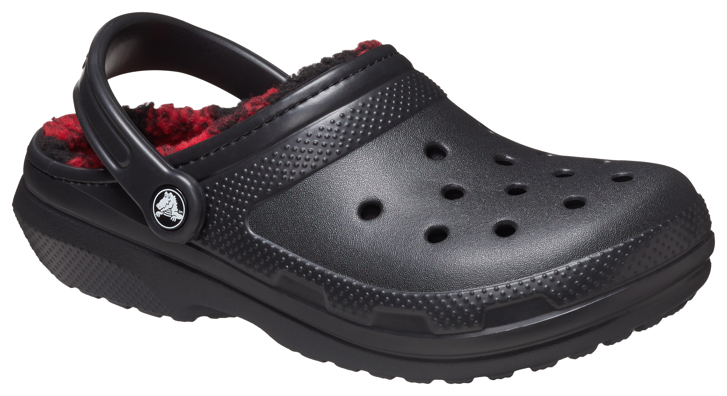 Image of Crocs Classic Lined Buffalo Check Clogs for Ladies - Black/Buffalo Red Plaid - 8M