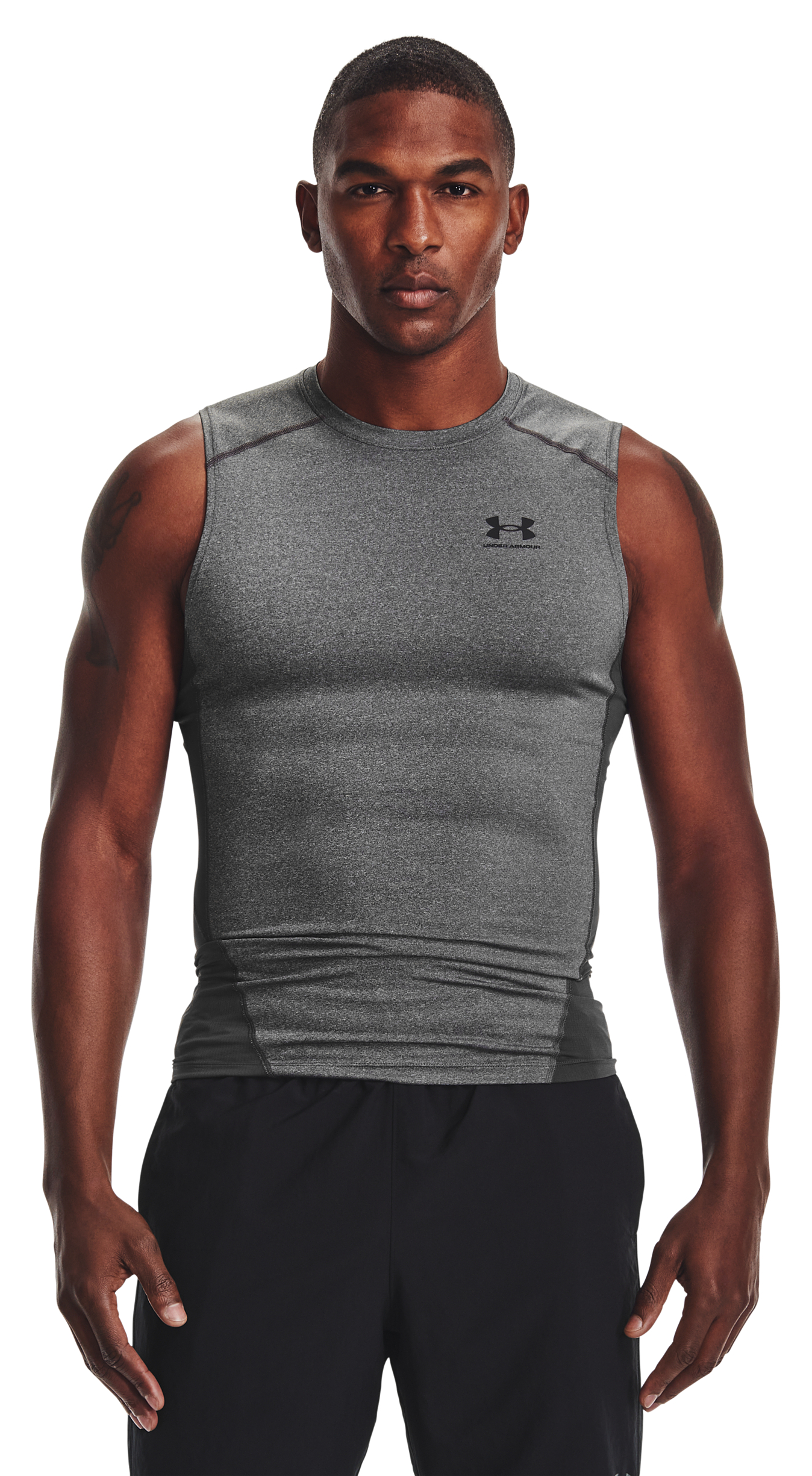 Image of Under Armour HeatGear Armour Sleeveless Shirt for Men - Carbon Heather/Black