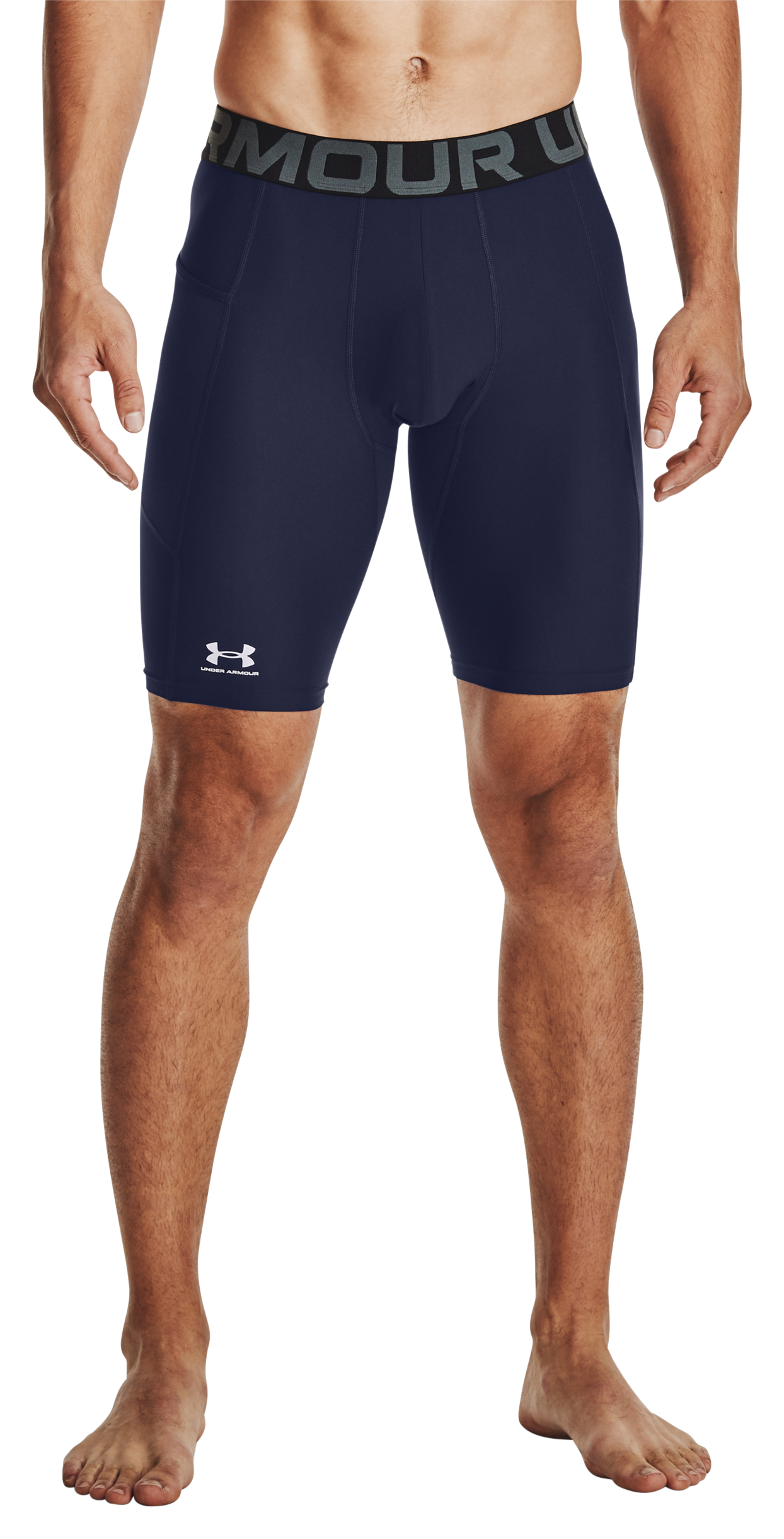 Image of Under Armour HeatGear Compression Pocket Long Shorts for Men - Midnight Navy/White - XS