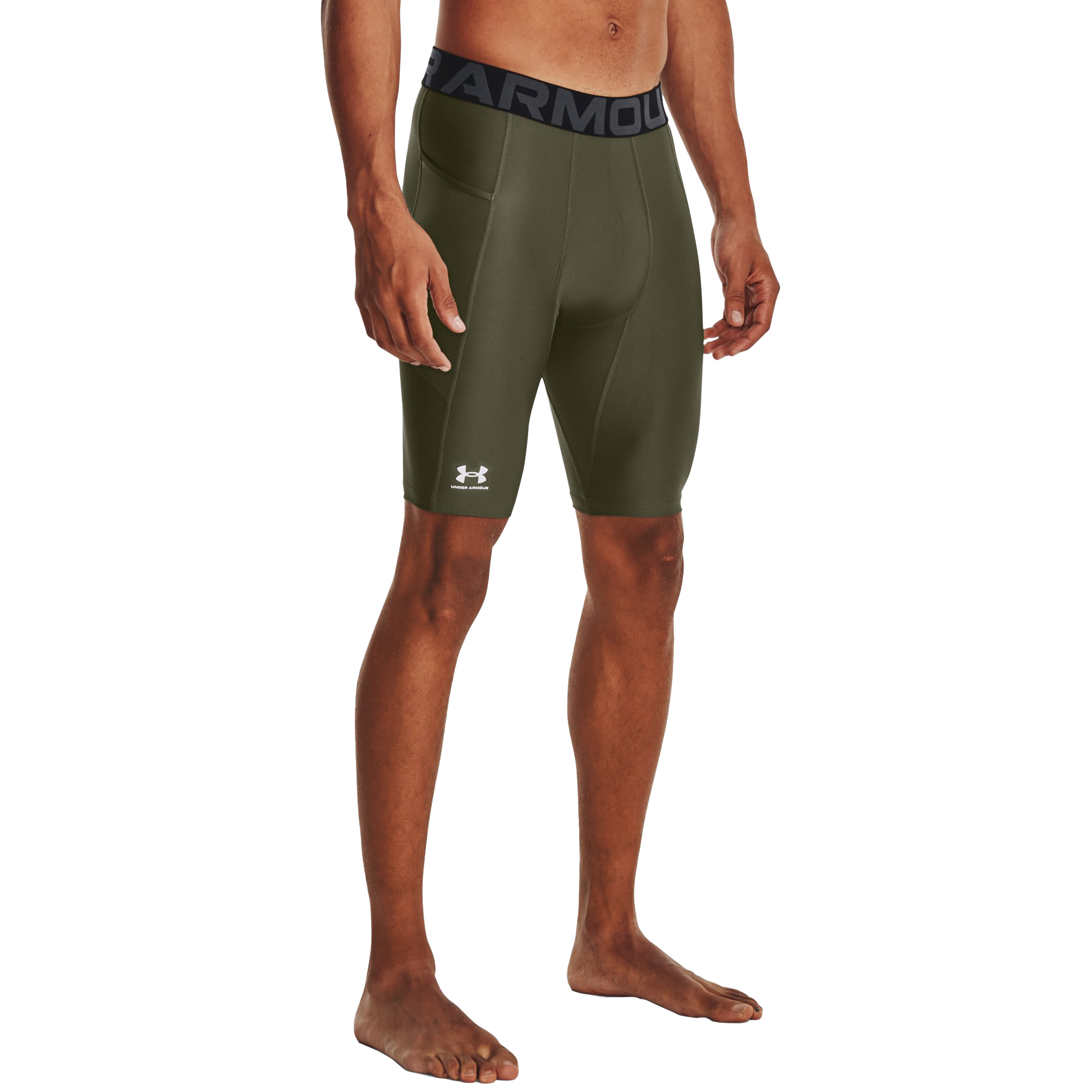 Image of Under Armour HeatGear Compression Pocket Long Shorts for Men - Marine OD Green/White