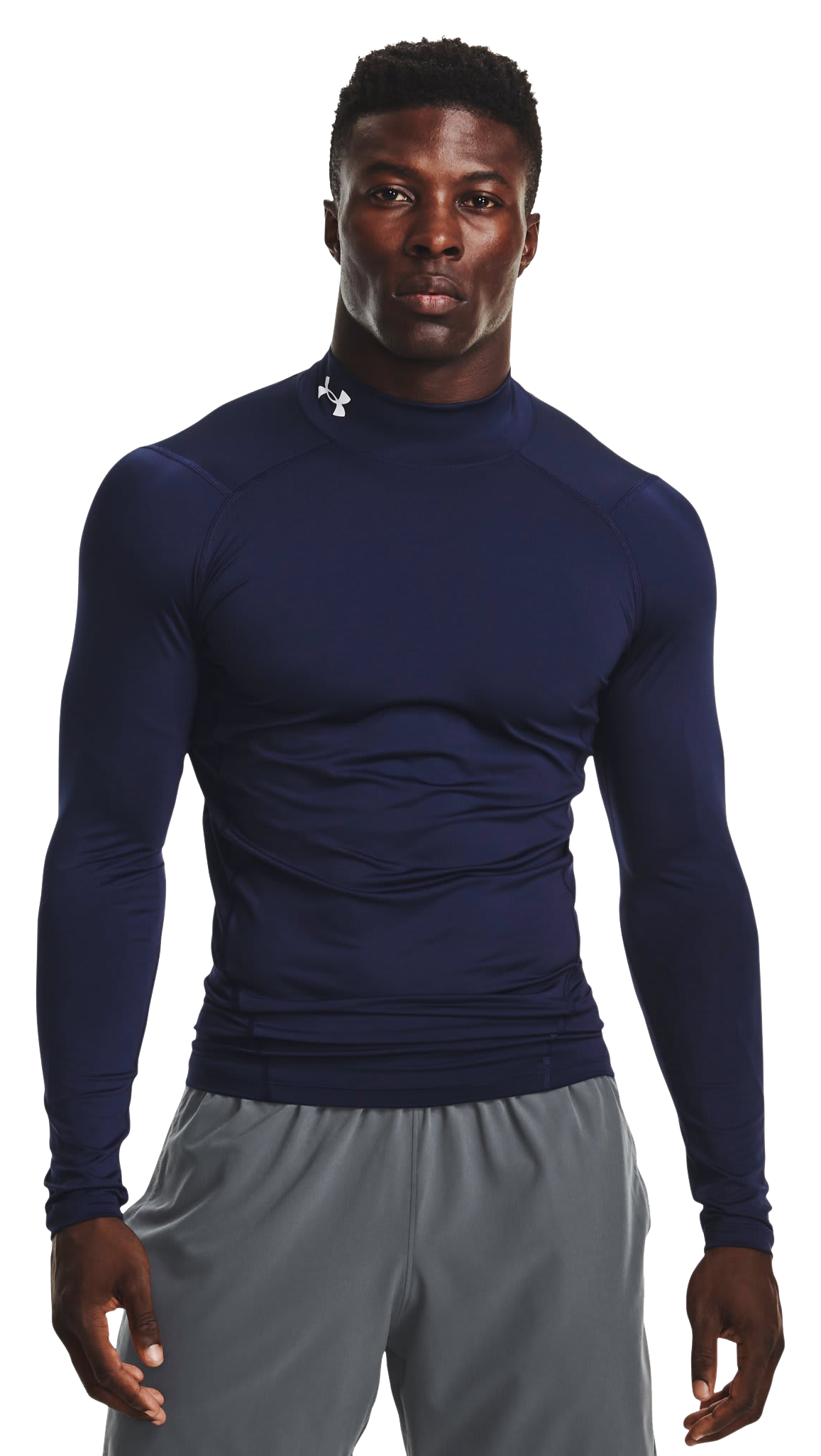 Image of Under Armour HeatGear Compression Mock-Neck Long-Sleeve Shirt - Midnight Navy/White