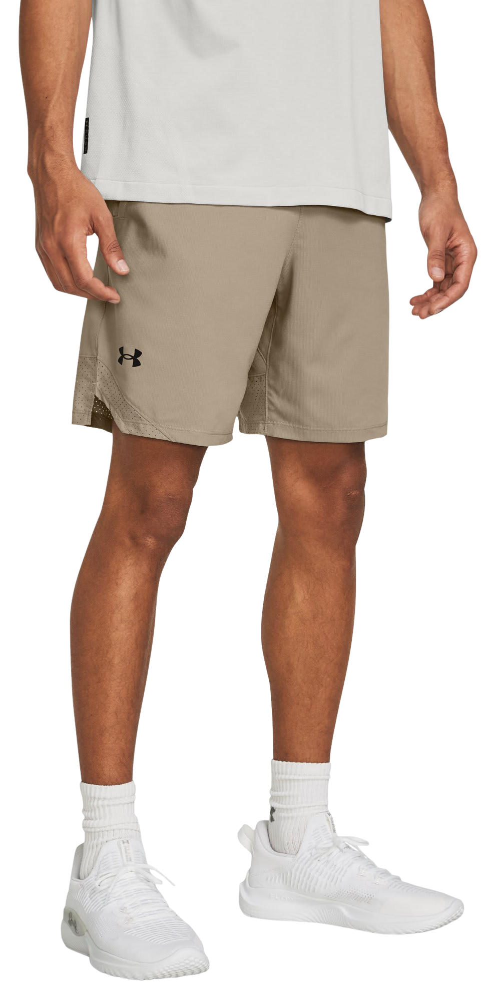 Image of Under Armour Vanish Woven Notched-Hem Shorts for Men - Timberwolf Taupe/Black - 2XL