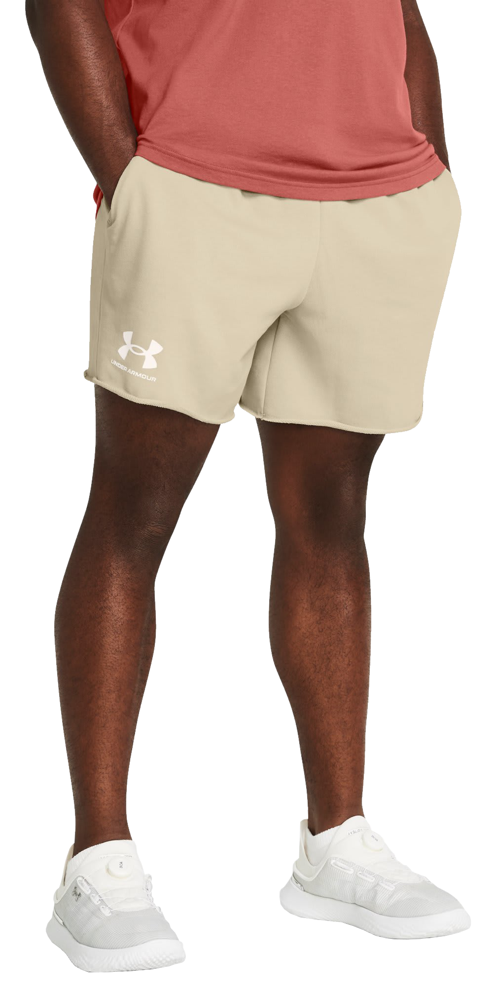 Image of "Under Armour Rival Terry Solid 6"" Shorts for Men - Khaki Base/Onyx White"