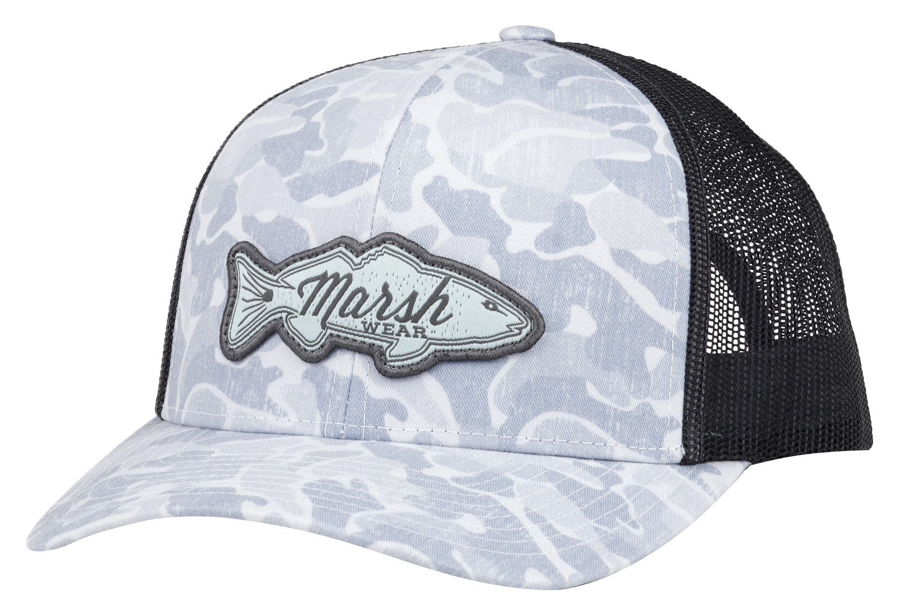 Image of Marsh Wear Redfish Logo Snapback Trucker Cap - Hazy Copahee Camo