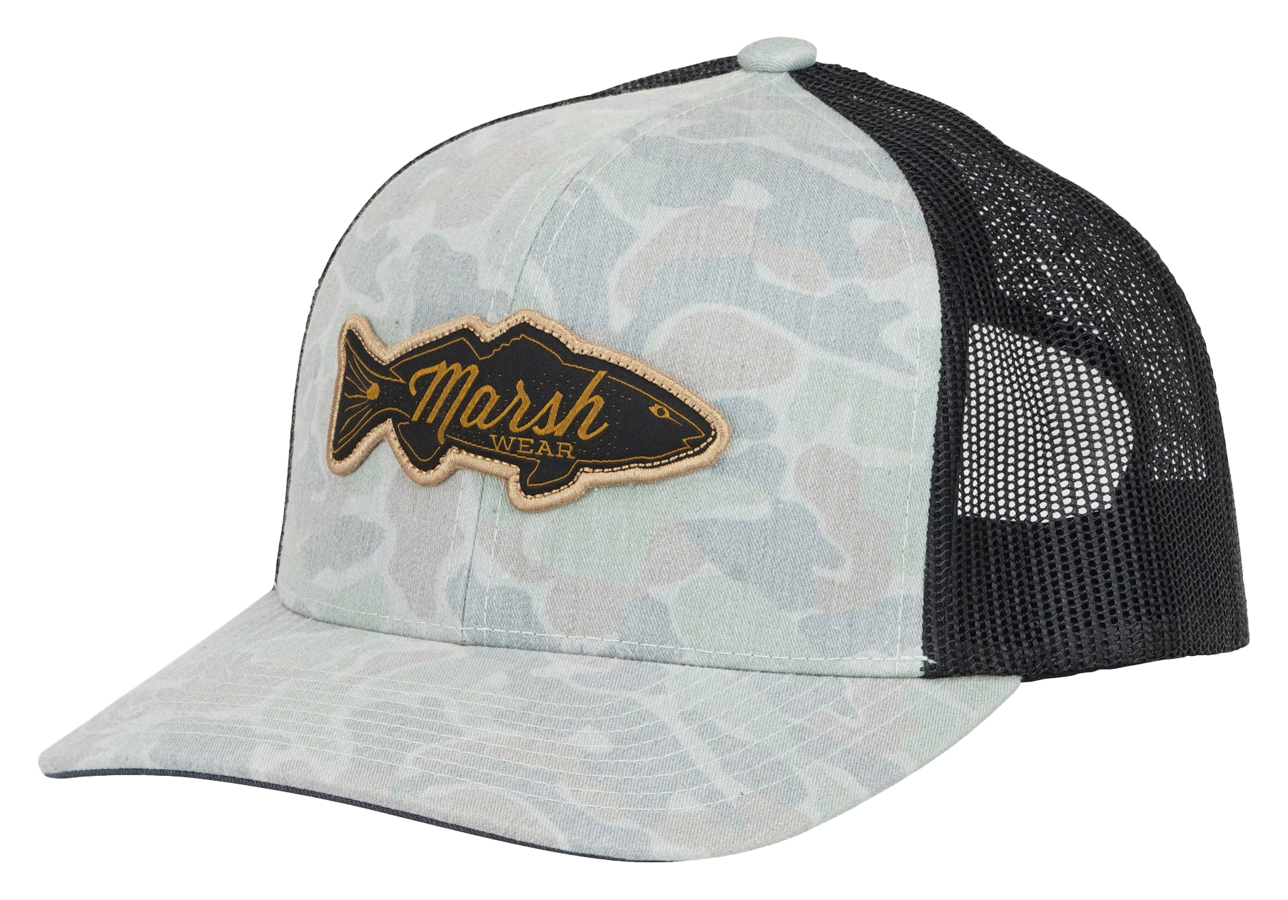 Image of Marsh Wear Redfish Logo Snapback Trucker Cap - Rock Copahee Camo