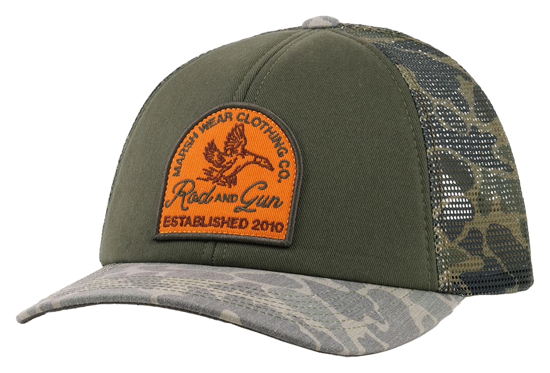 Image of Marsh Wear In Flight Snapback Trucker Cap - Fossil/Green Mallard Camo