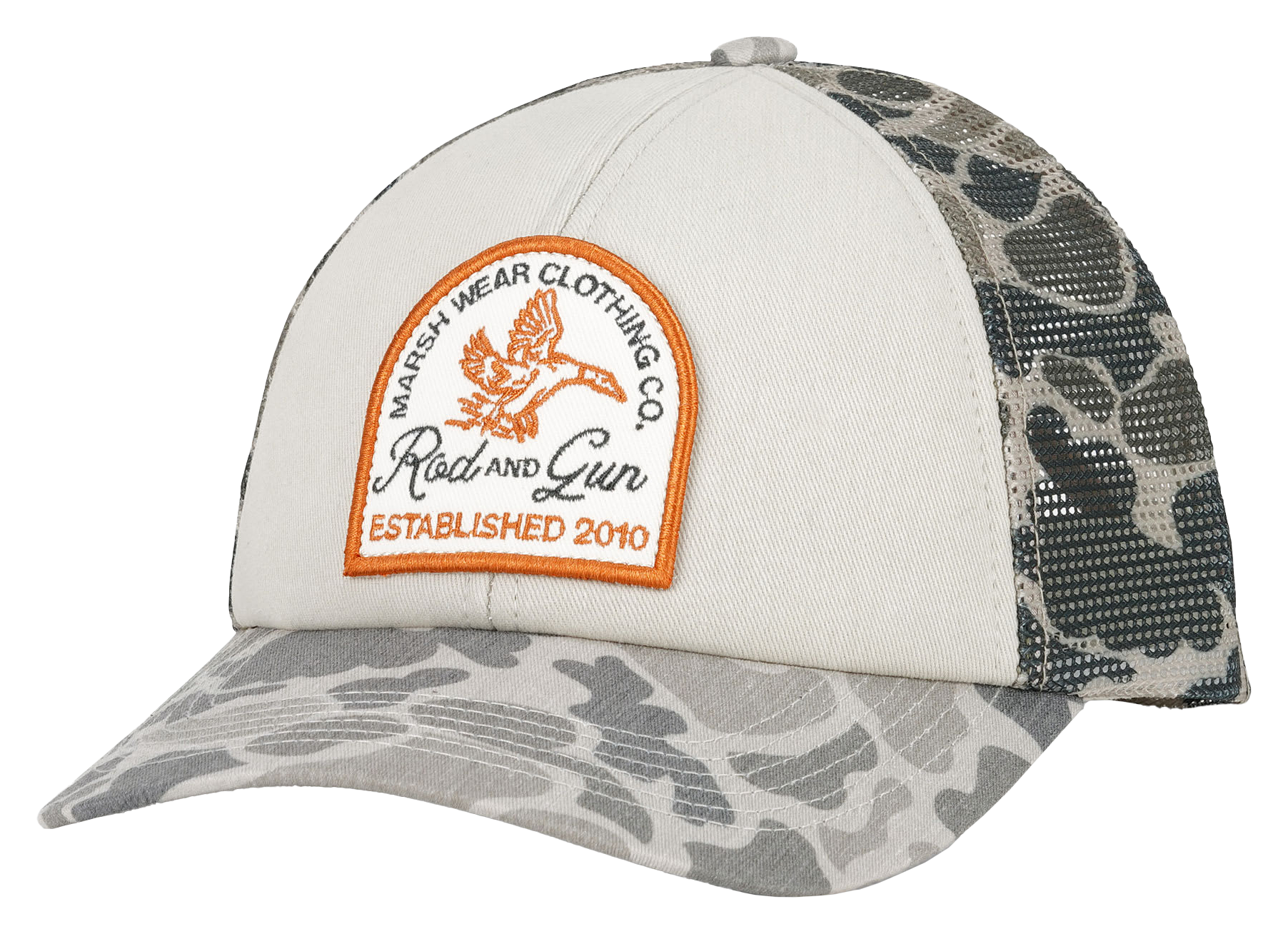 Image of Marsh Wear In Flight Snapback Trucker Cap - Khaki/Stone Mallard Camo