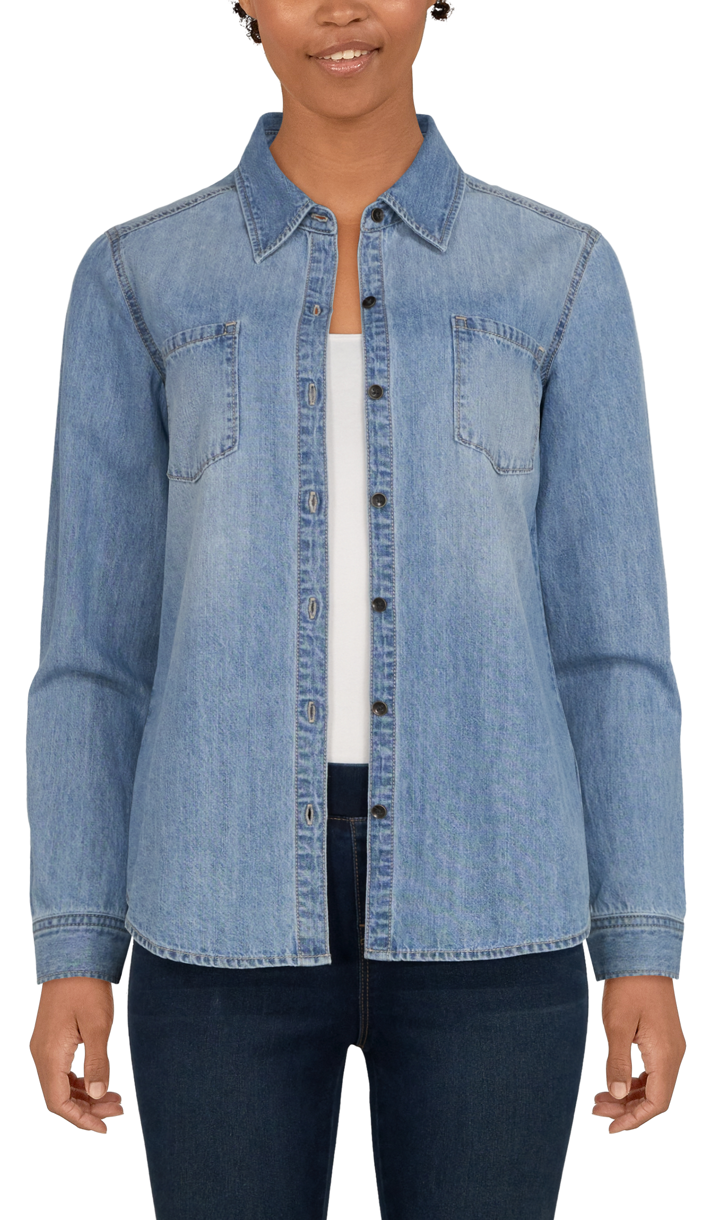 Image of Natural Reflections Button-Down Denim Long-Sleeve Shirt for Ladies - Indigo - M