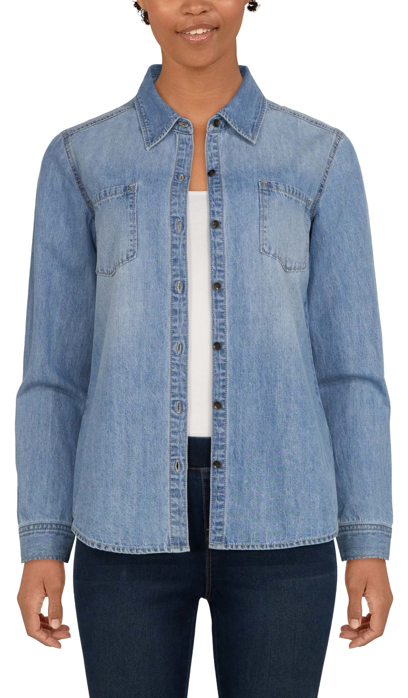Natural Reflections Button-Down Denim Long-Sleeve Shirt for Ladies