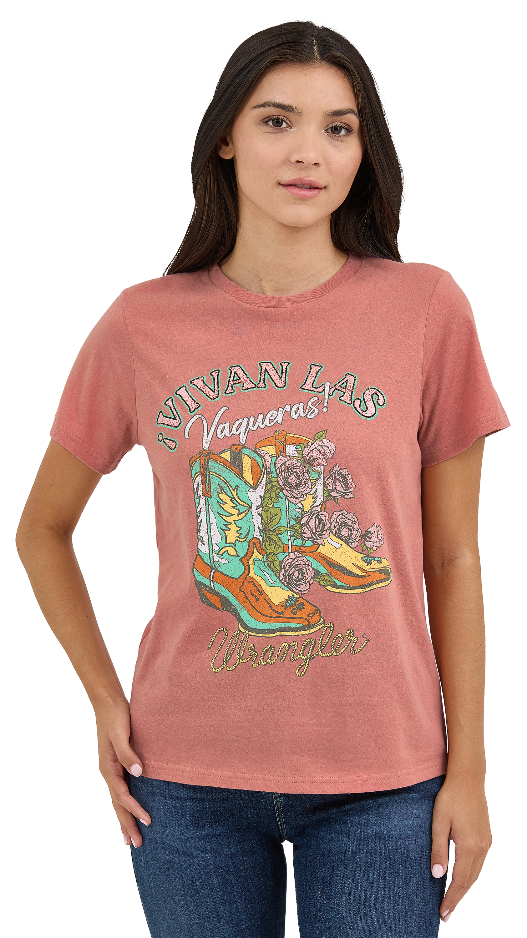 Image of Wrangler Retro Vivan Las Vaqueras Graphic Short-Sleeve T-Shirt for Ladies - Cameo Brown