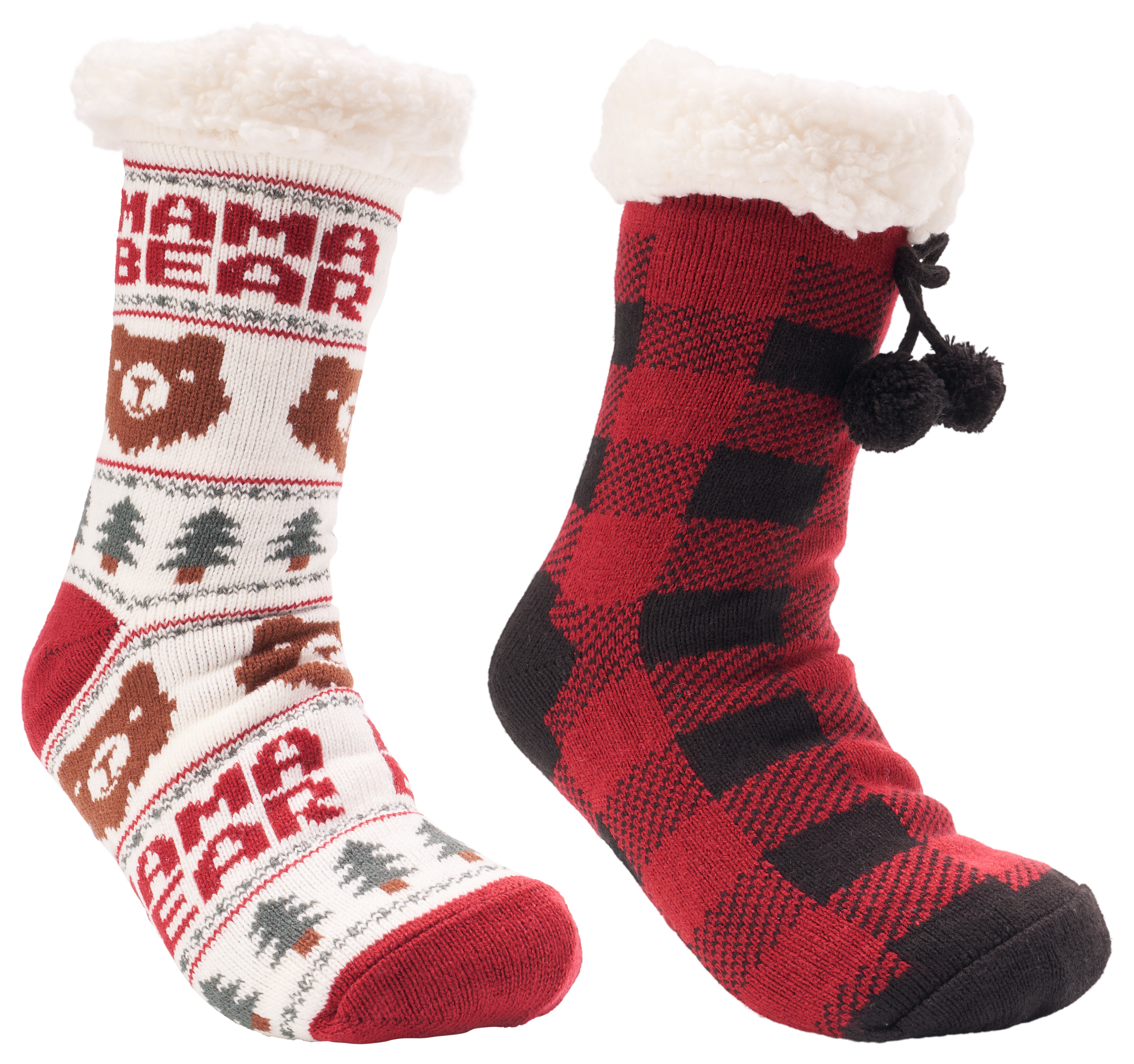 Image of Natural Reflections Cozy Socks with Pom-Pom for Ladies 2-Pair Pack - Red Multi/Buffalo Plaid