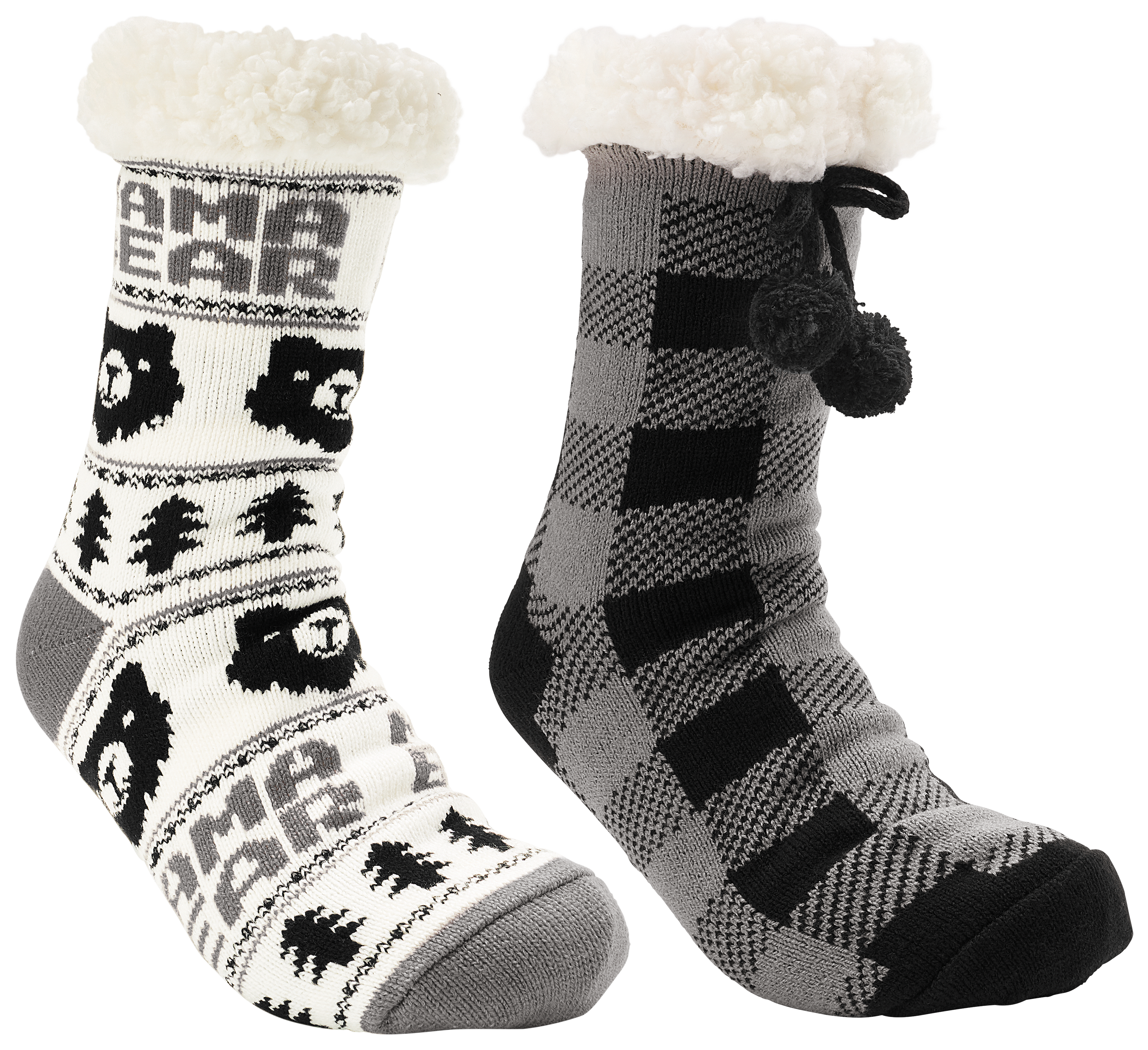 Image of Natural Reflections Cozy Socks with Pom-Pom for Ladies 2-Pair Pack - Grey Multi/Buffalo Plaid