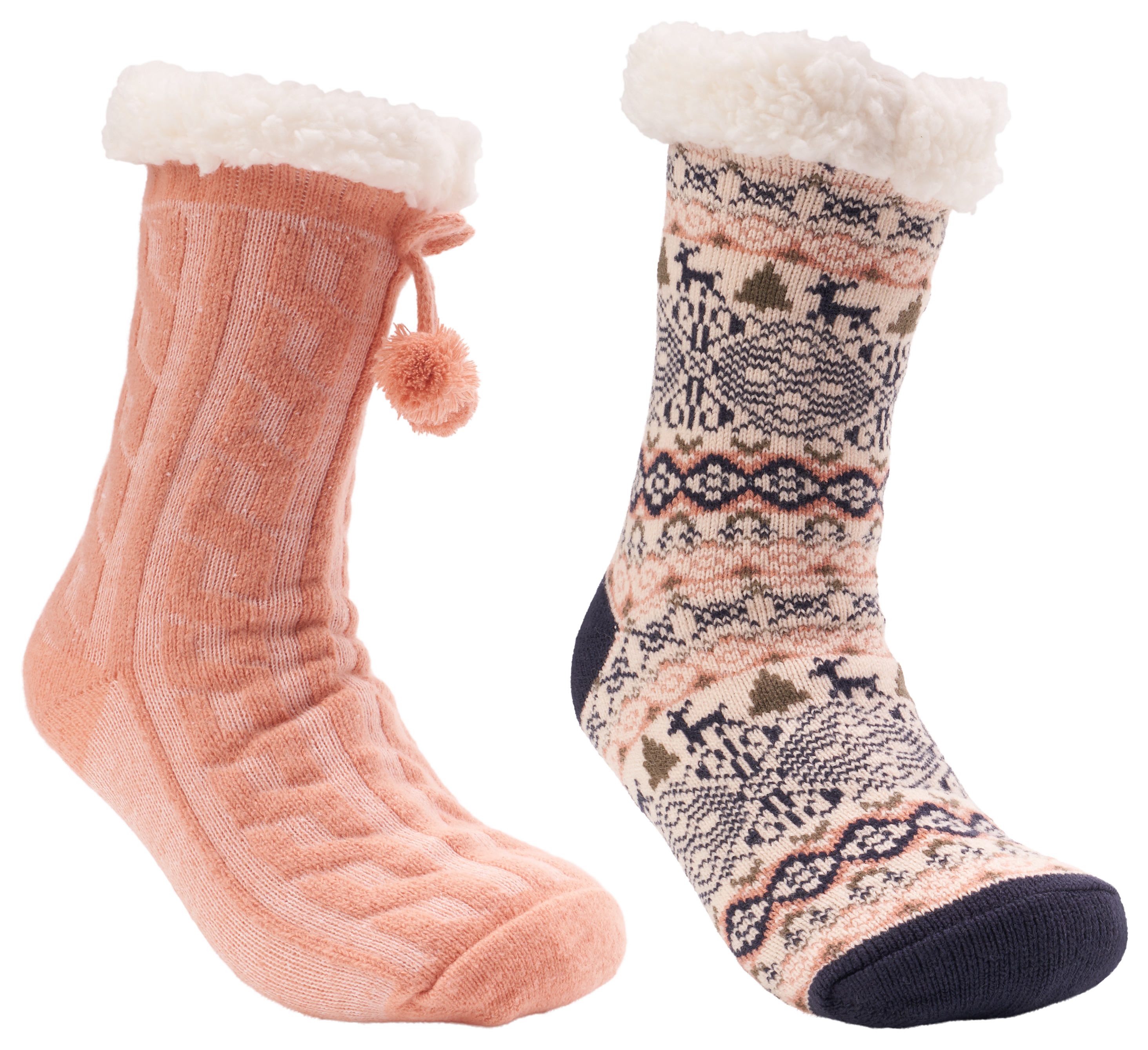 Image of Natural Reflections Cozy Socks with Pom-Pom for Ladies 2-Pair Pack - Pink/Cream Multi