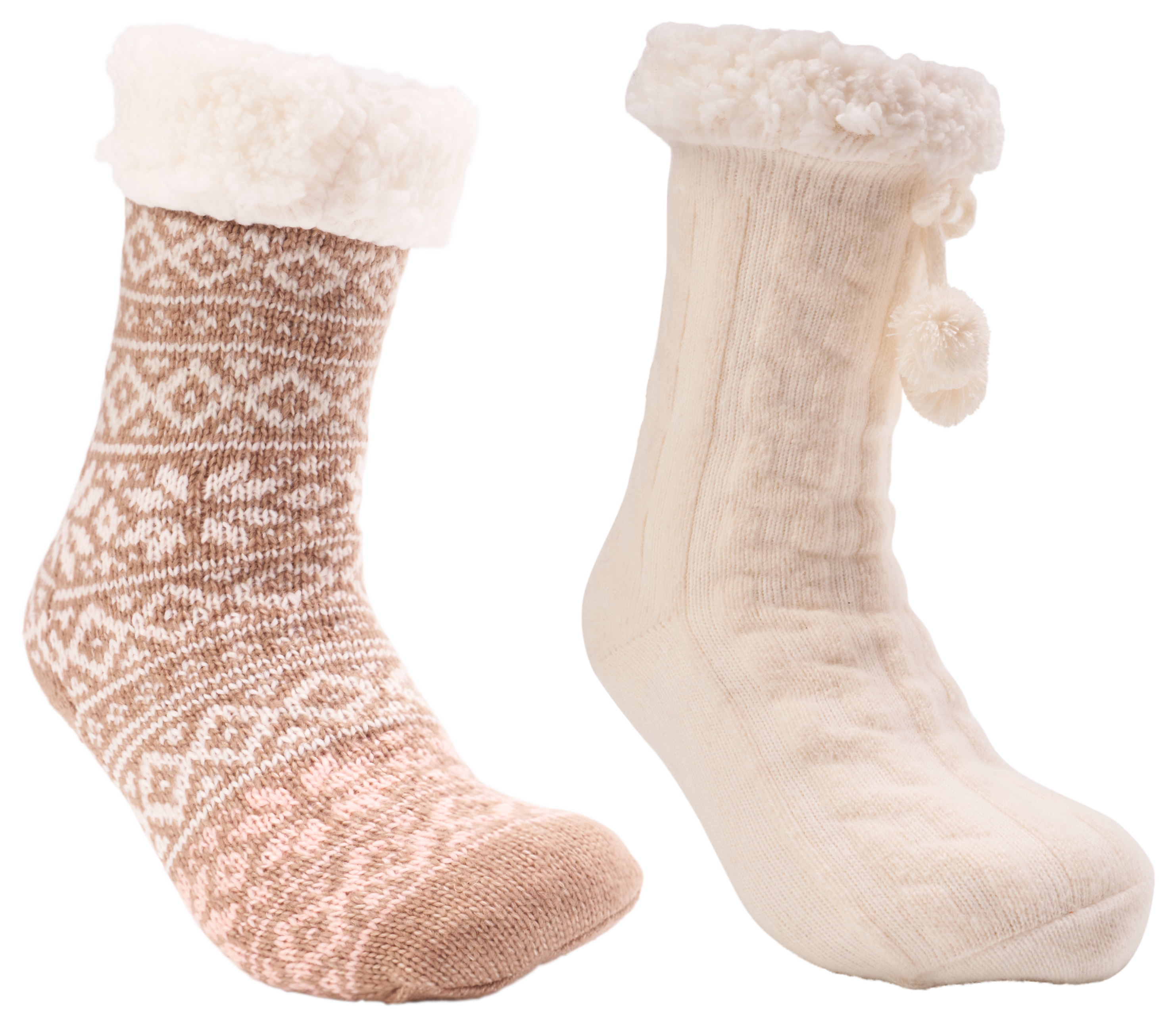 Image of Natural Reflections Cozy Socks with Pom-Pom for Ladies 2-Pair Pack - Tan Multi/Cream