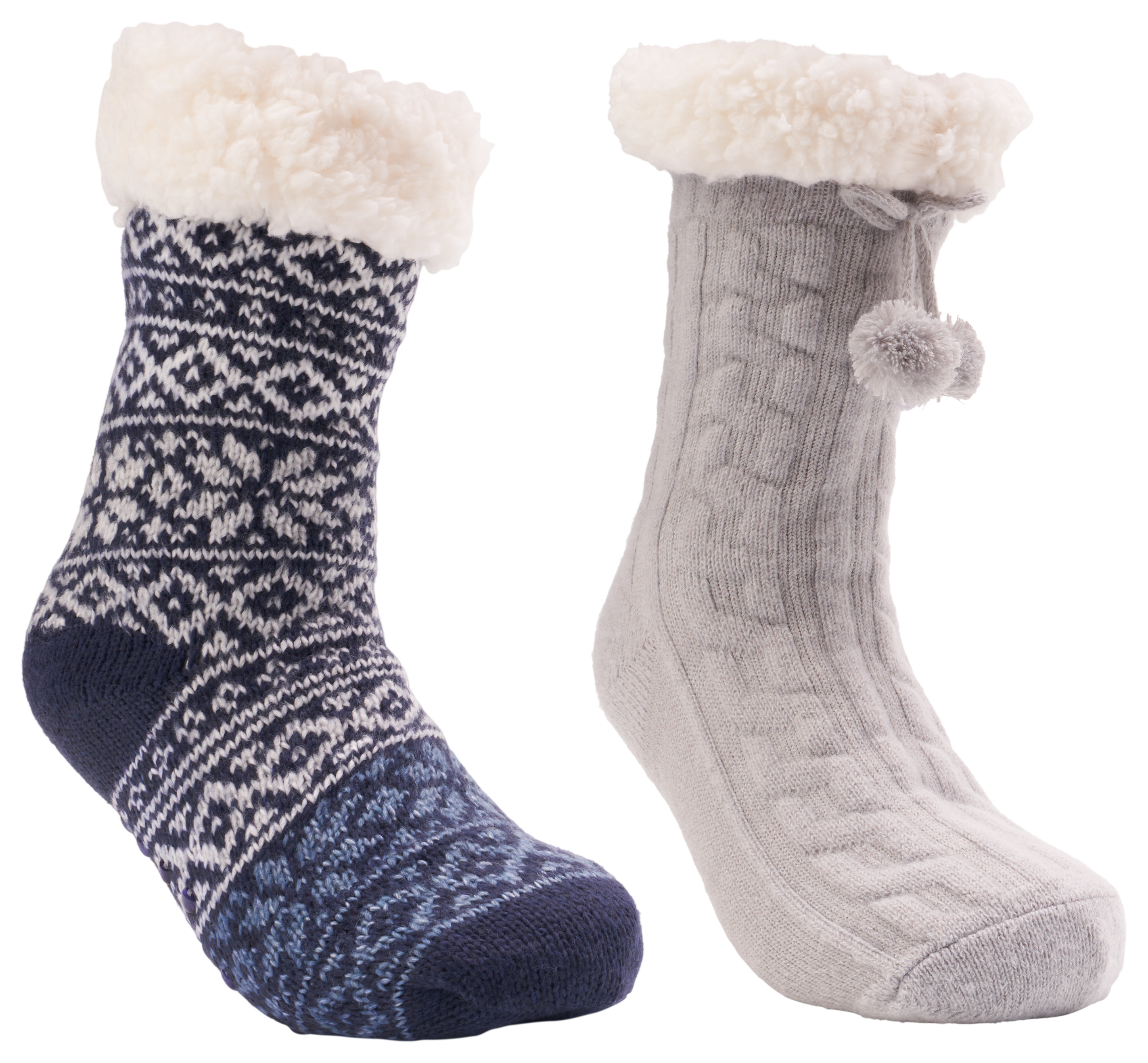 Image of Natural Reflections Cozy Socks with Pom-Pom for Ladies 2-Pair Pack - Navy Multi/Gray