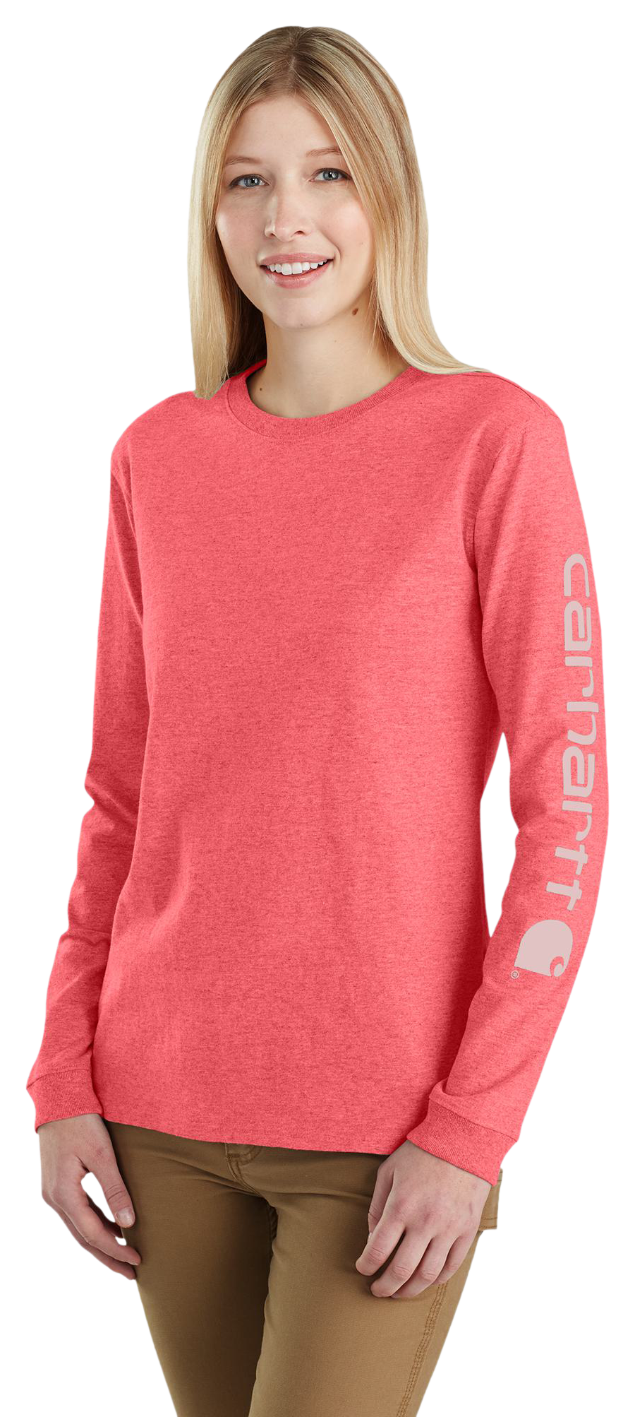 Image of Carhartt Logo Sleeve Graphic Heavyweight Long-Sleeve T-Shirt for Ladies - Pink Salmon Heather