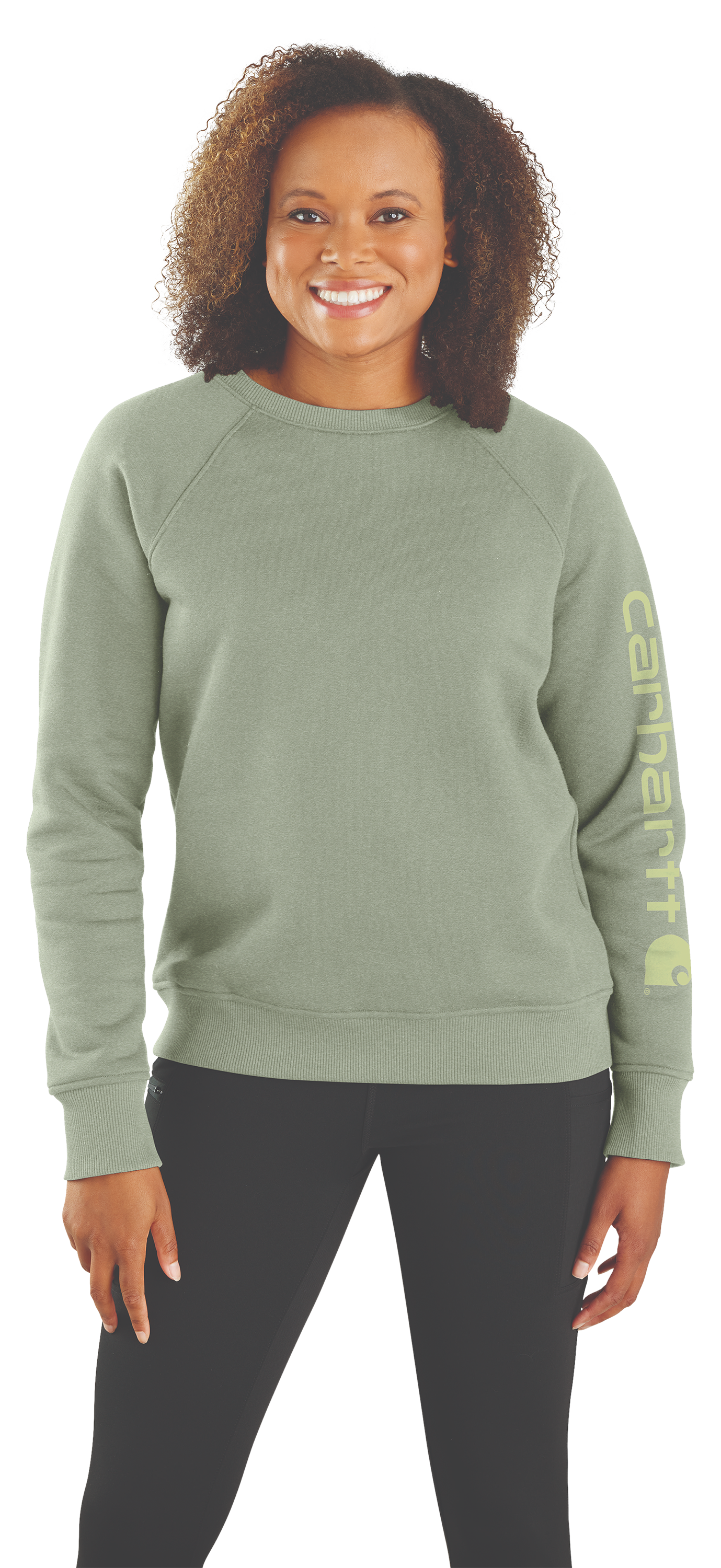 Image of Carhartt Relaxed-Fit Midweight Sleeve Graphic Crew-Neck Sweatshirt for Ladies - Sage Heather - M