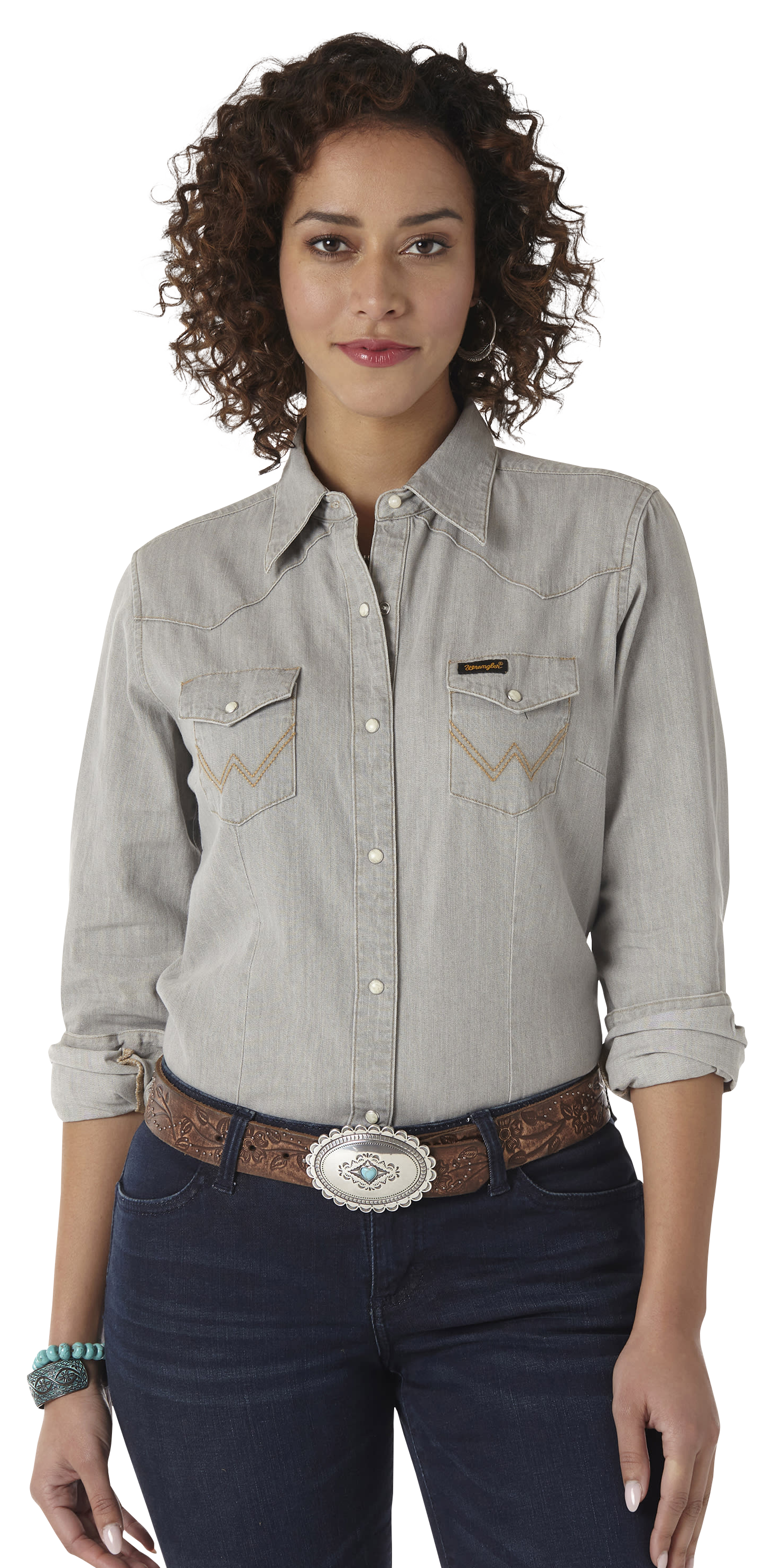 Image of Wrangler Retro Western Long-Sleeve Snap-Down Shirt for Ladies - Grey Denim