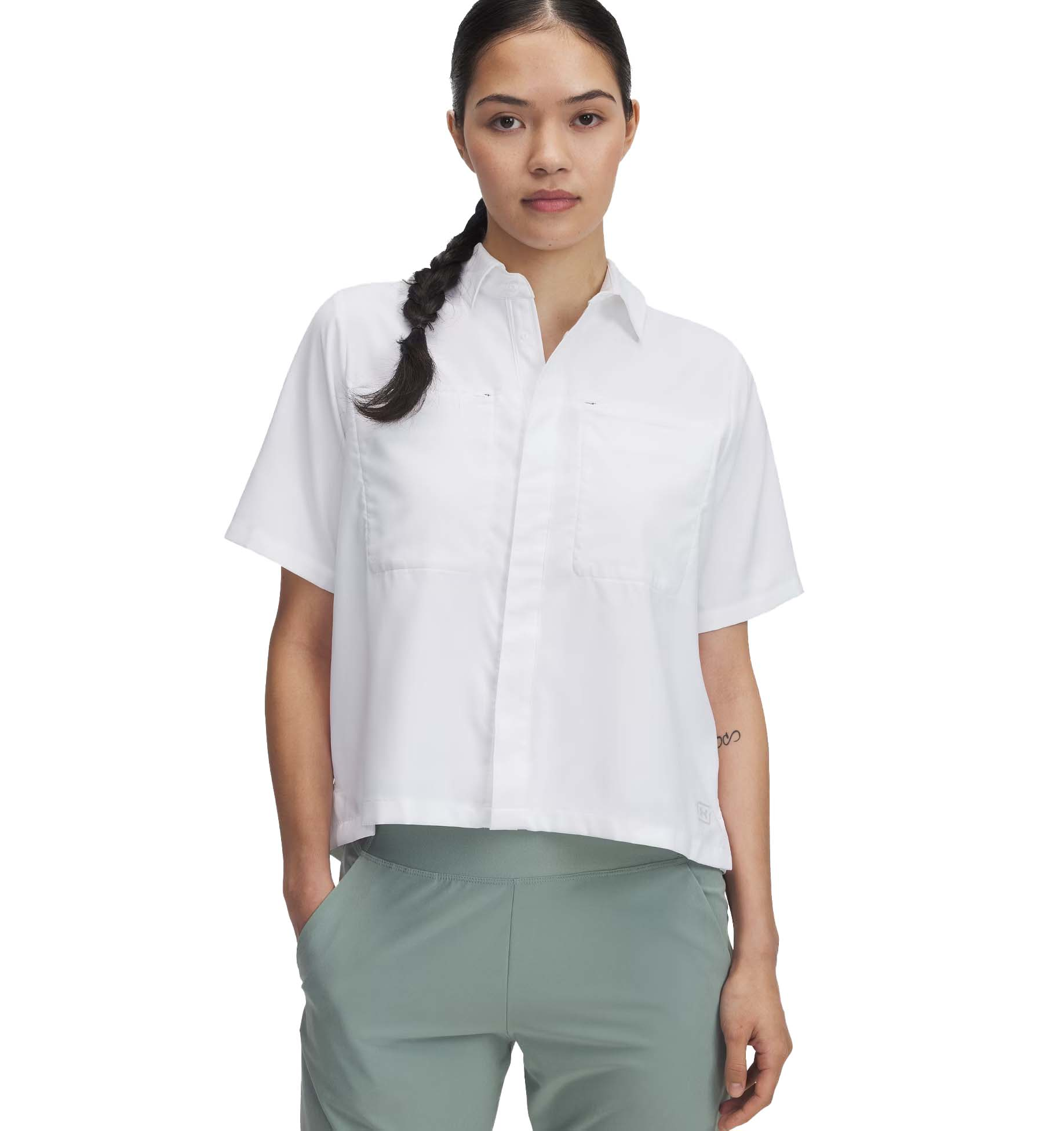 Image of Under Armour Fish Pro Hybrid Short-Sleeve Shirt for Ladies - White/Halo Gray