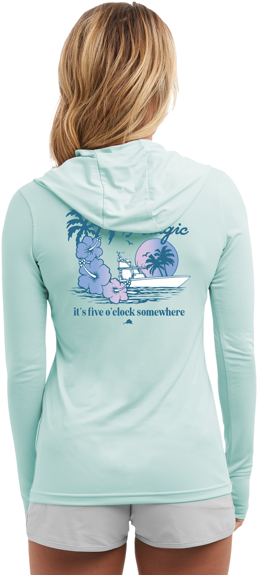 Image of Pelagic AquaTek 5 O'Clock Hooded Long-Sleeve Fishing Shirt for Ladies - Turquoise