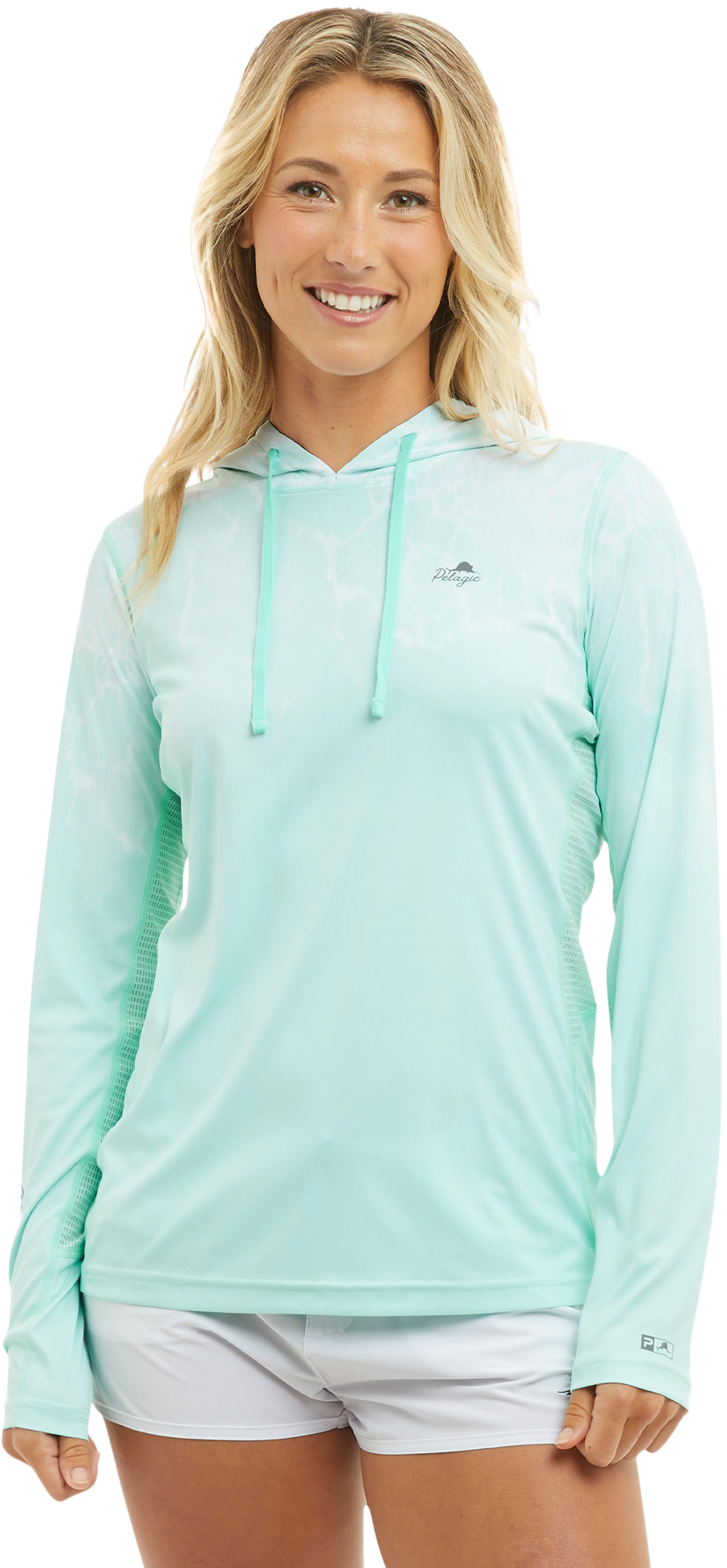 Image of Pelagic Vaportek Hooded Long-Sleeve Fishing Shirt for Ladies - Tropical Aqua