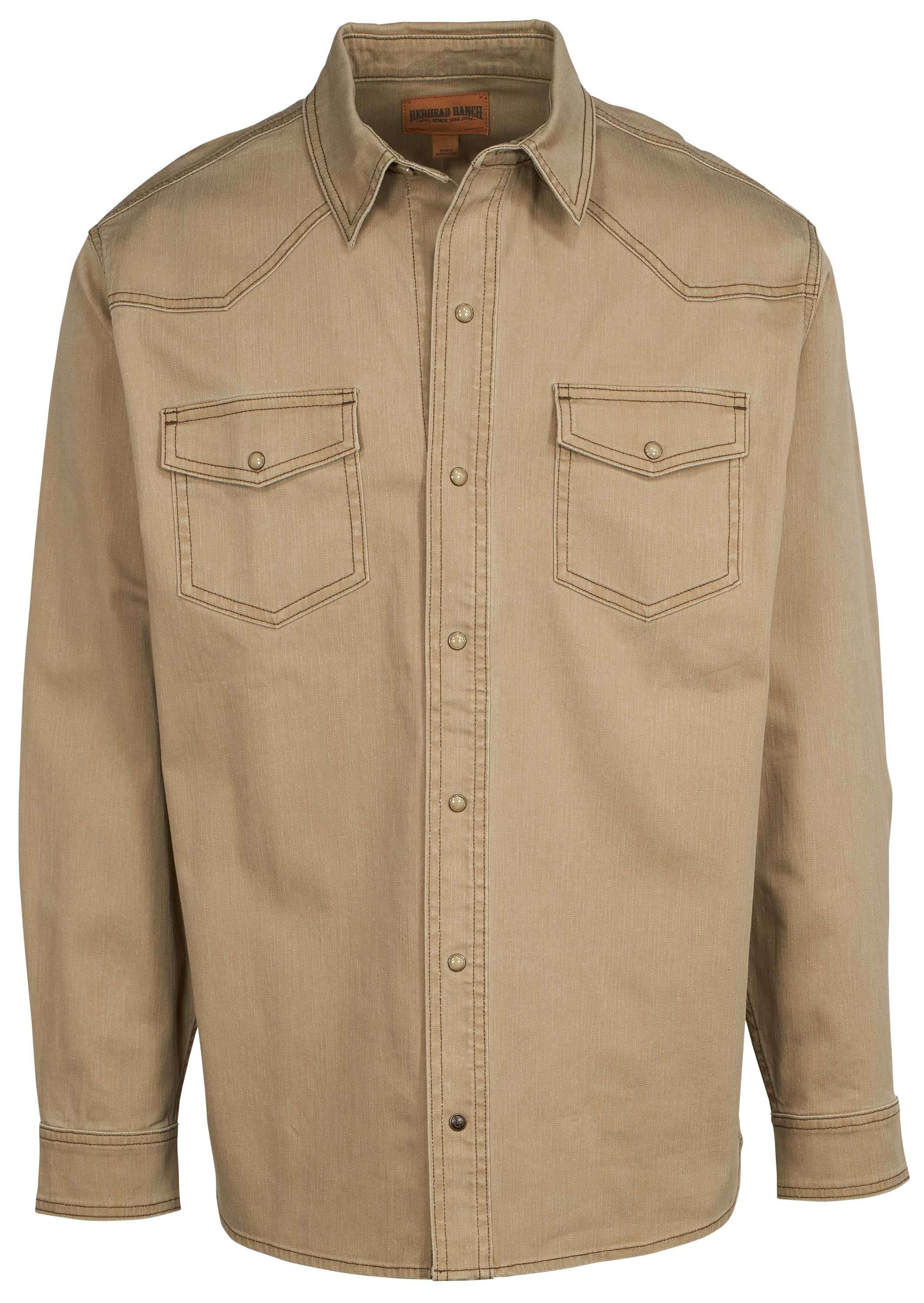 Image of RedHead Ranch Muleshoe Denim Long-Sleeve Snap-Down Shirt for Men - Khaki - S