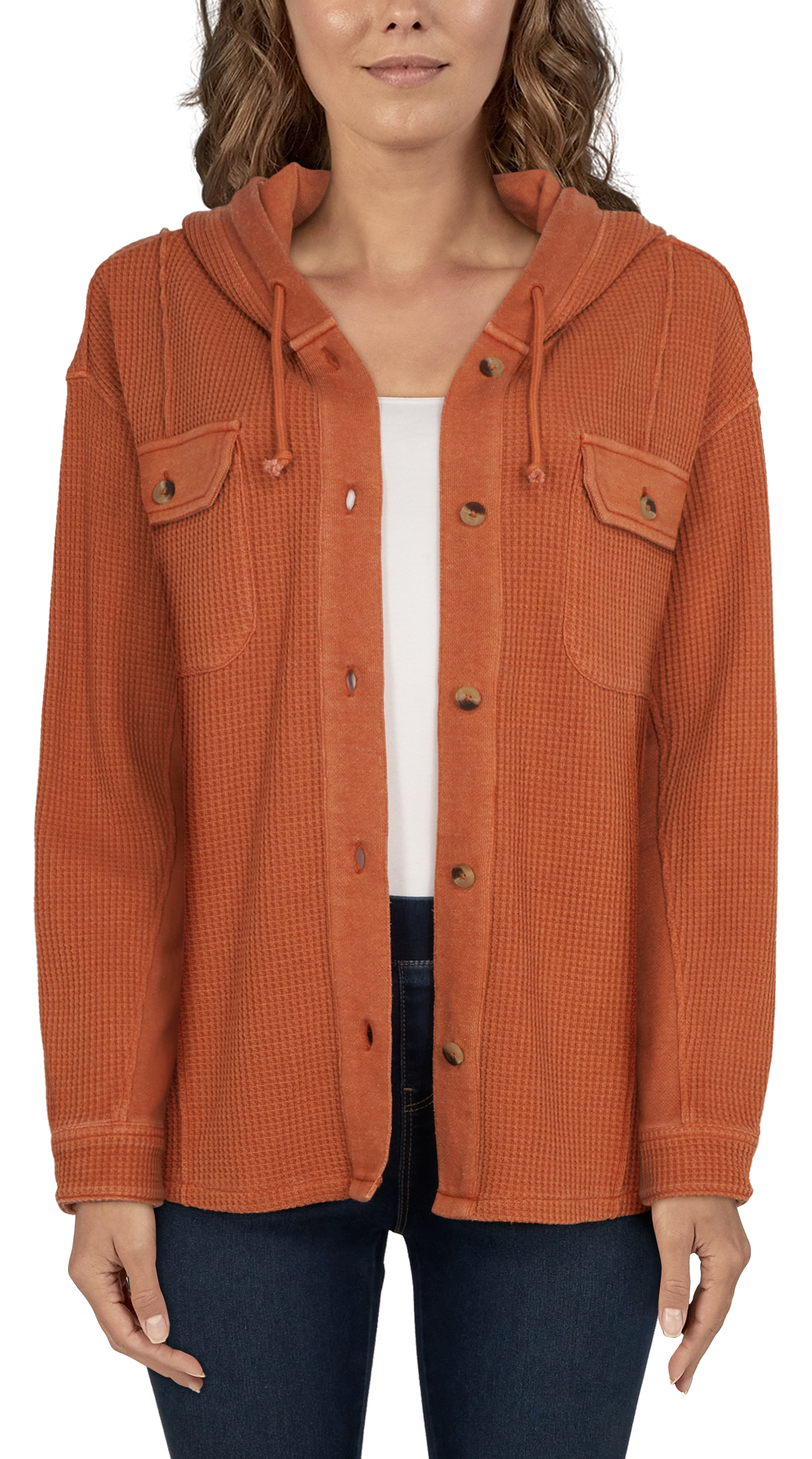 Natural Reflections Waffle Hooded Shirt Jacket for Ladies                                                                       