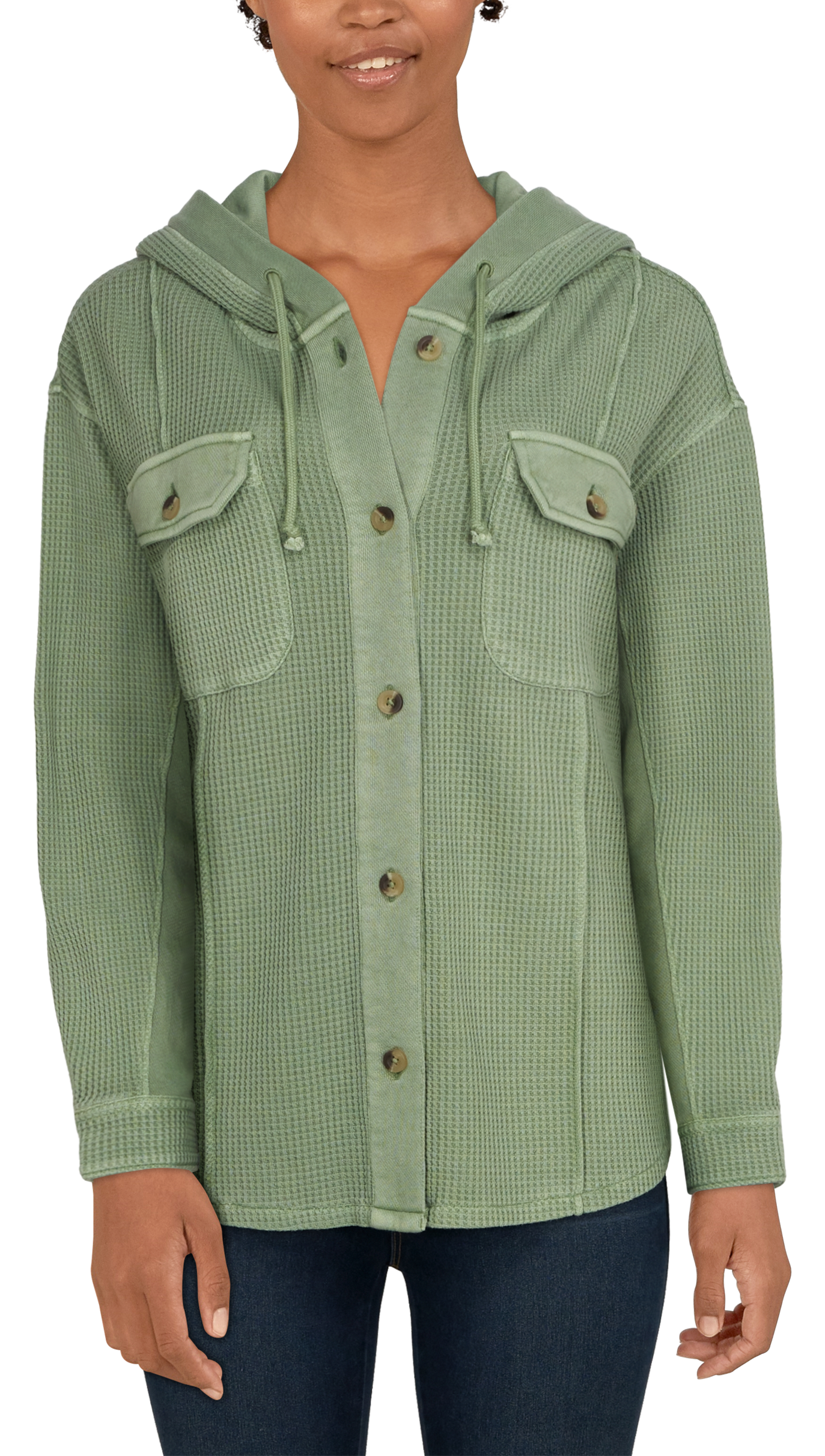 Image of Natural Reflections Waffle Hooded Shirt Jacket for Ladies - Green Bay - S