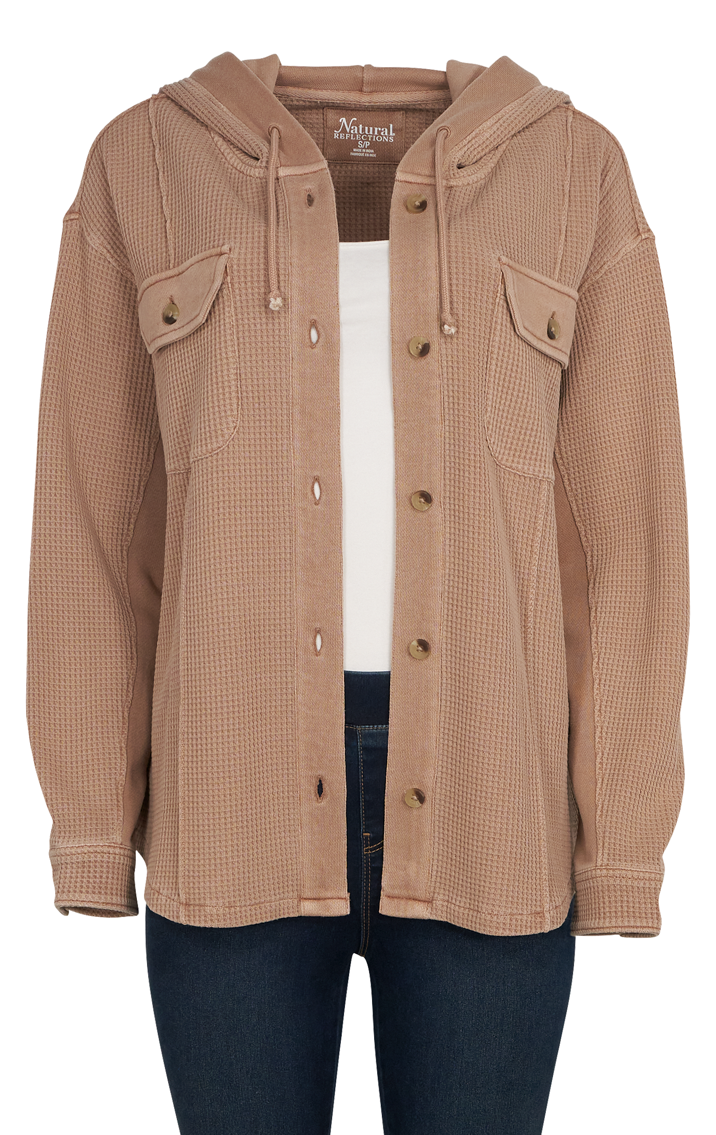 Image of Natural Reflections Waffle Hooded Shirt Jacket - Warm Taupe - L