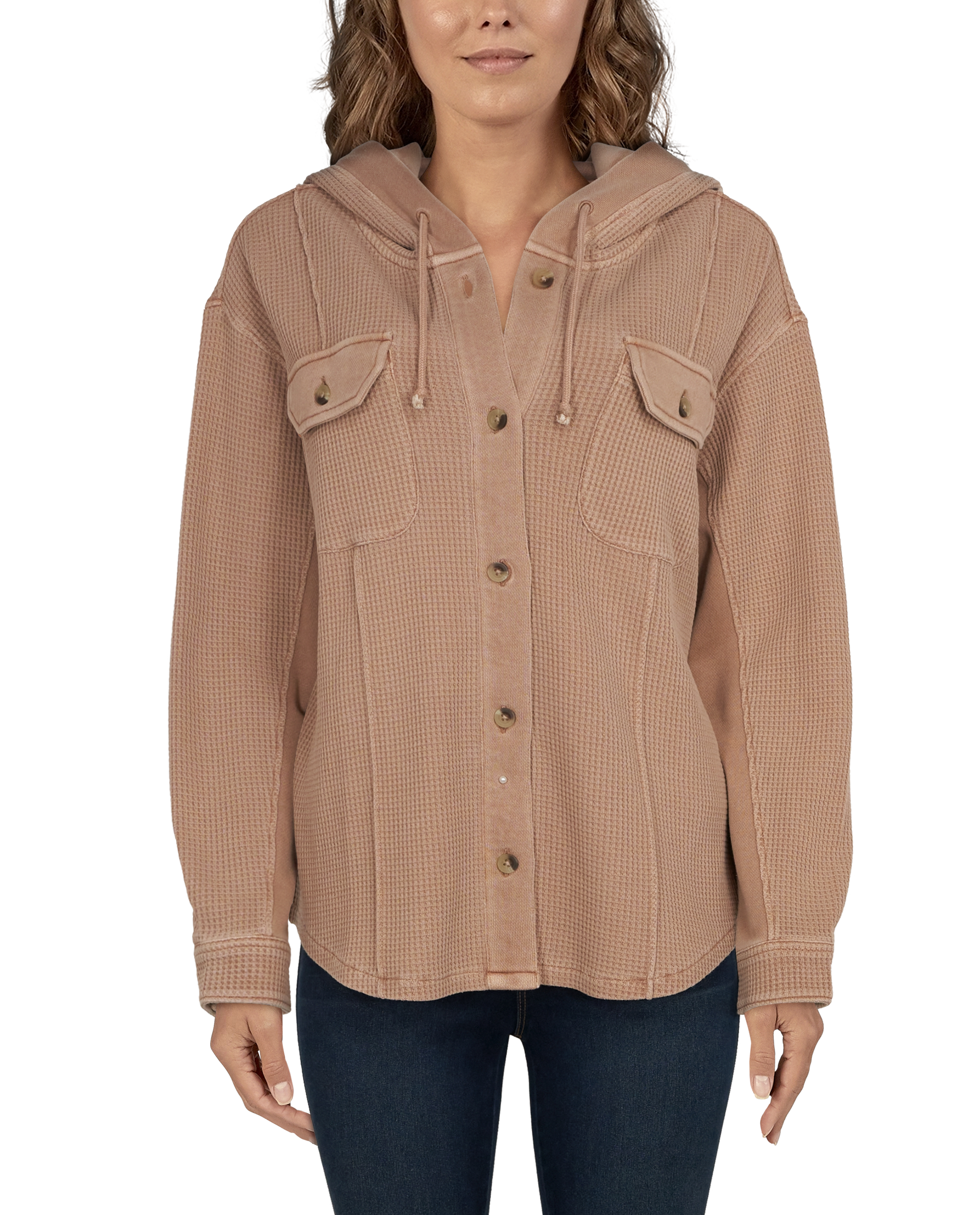 Image of Natural Reflections Waffle Hooded Shirt Jacket for Ladies