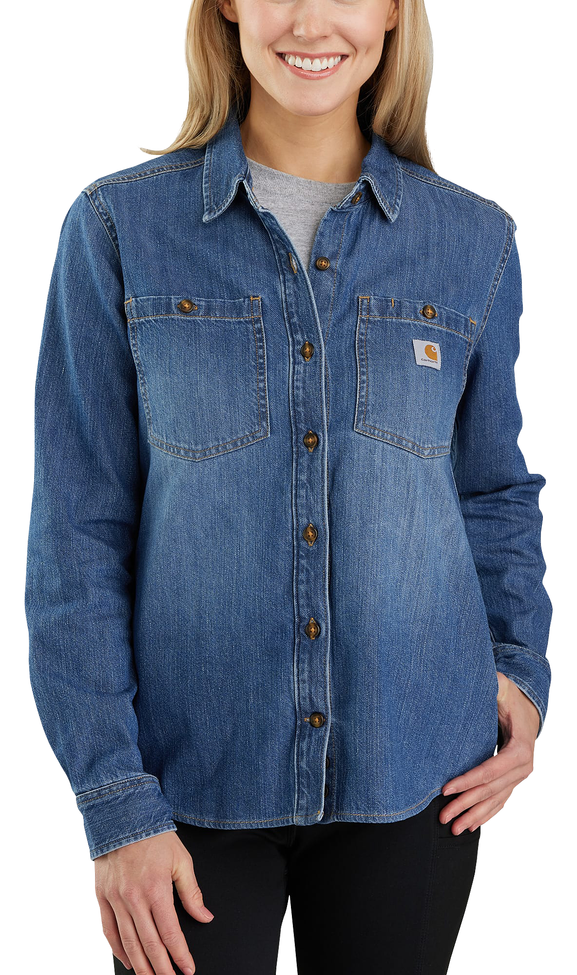 Image of Carhartt Relaxed-Fit Midweight Denim Long-Sleeve Shirt for Ladies - Voyager - XS