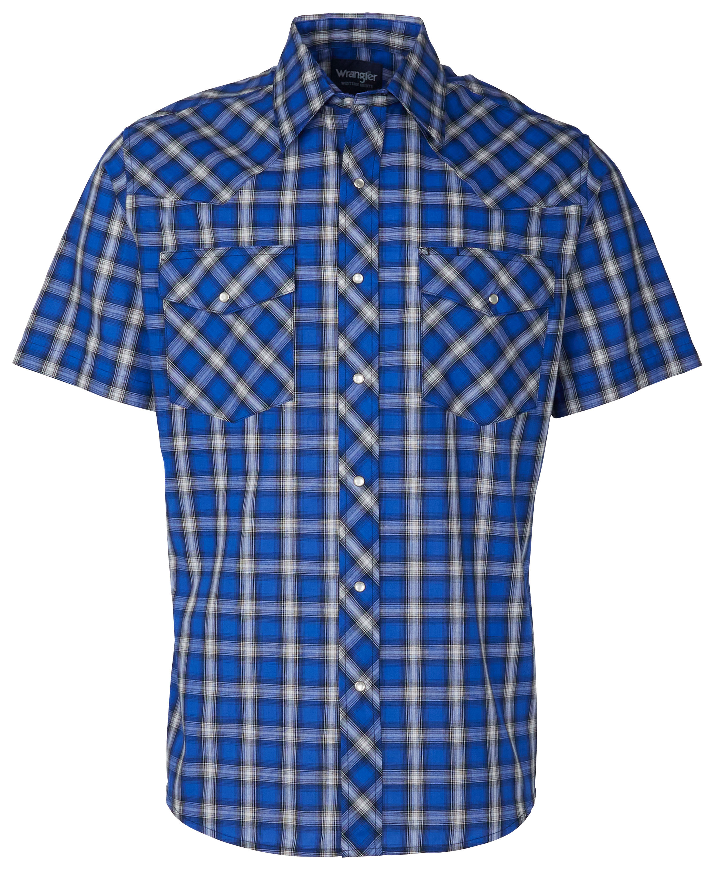 Image of Wrangler Western Snap Plaid Short-Sleeve Shirt for Men - Blueiolite