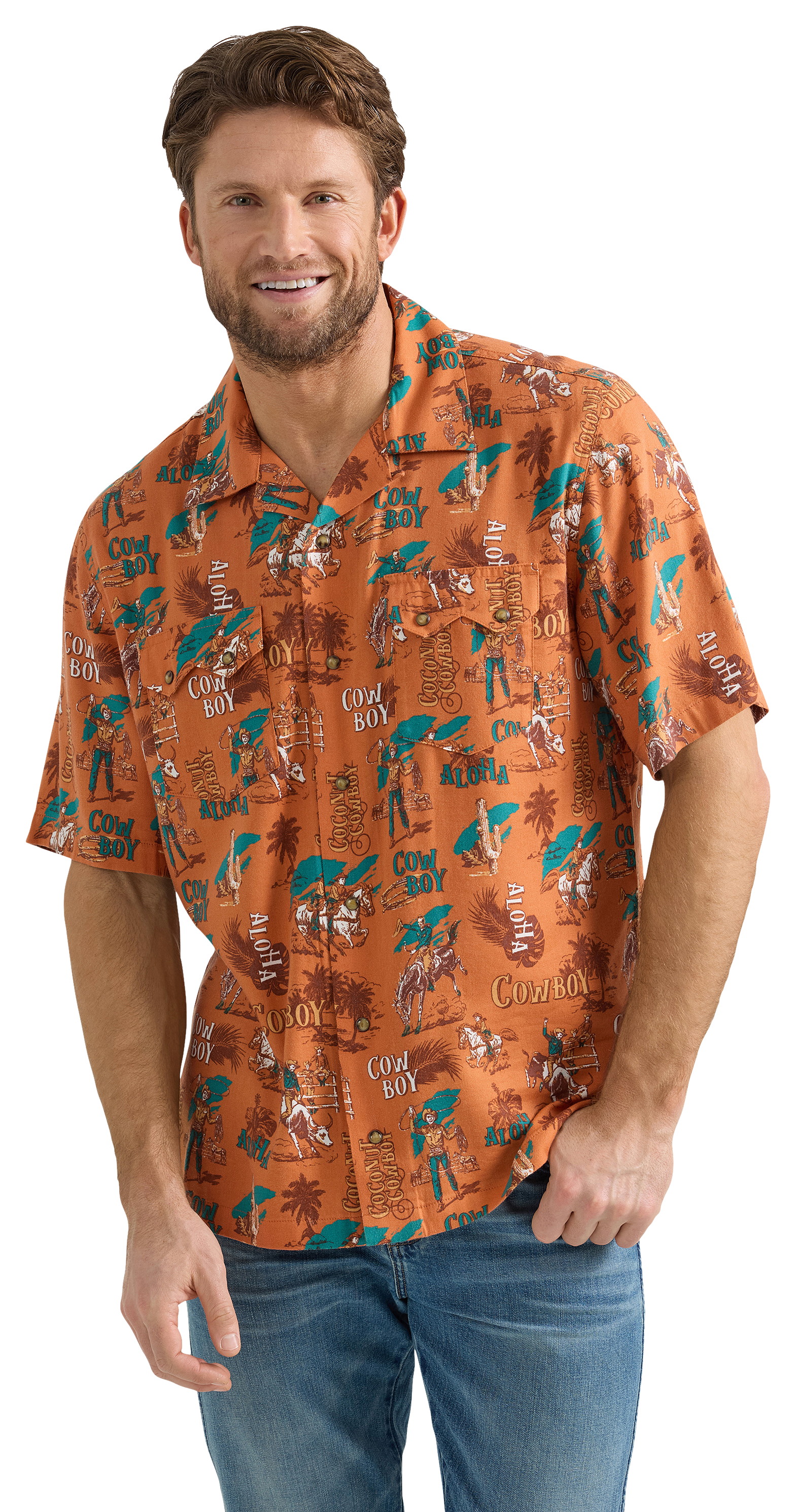 Image of Wrangler Coconut Cowboy Short-Sleeve Button-Down Shirt for Men - Orange