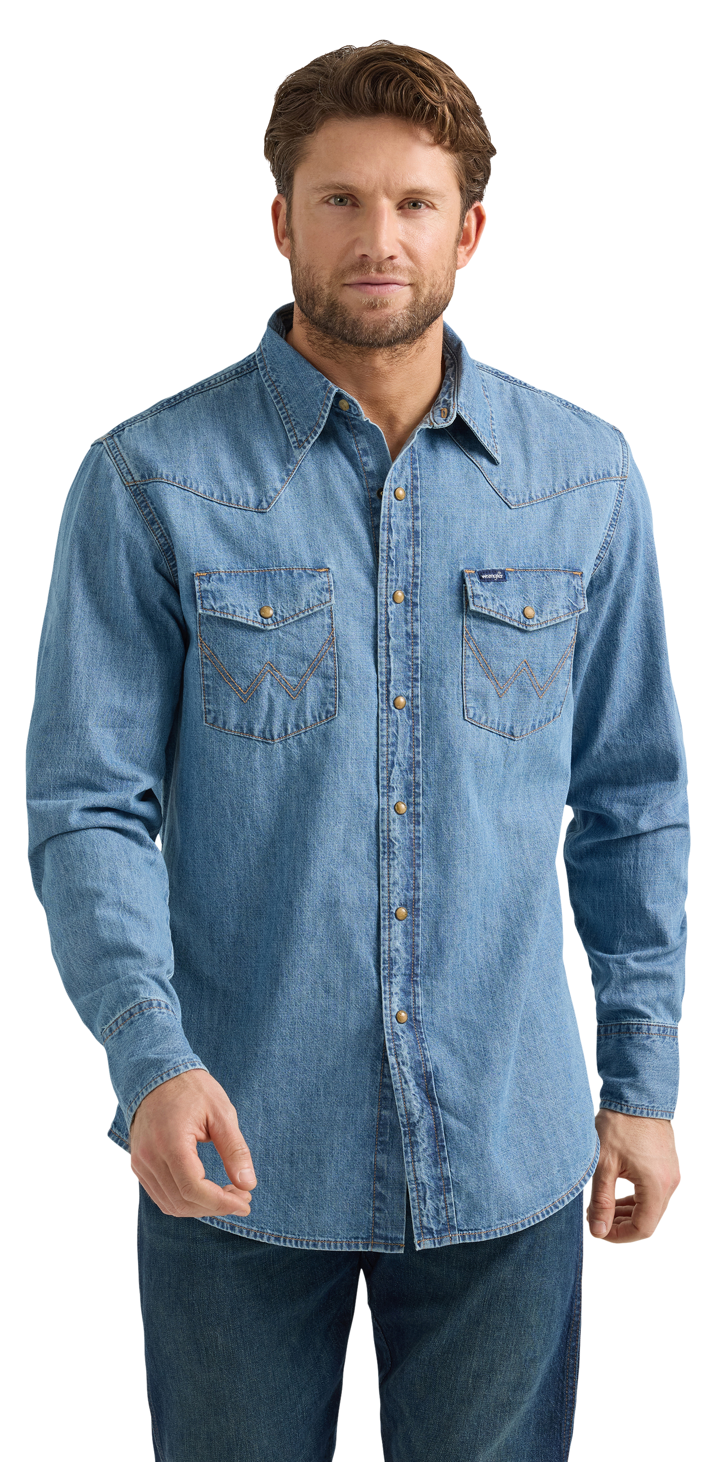 Image of Wrangler Denim Collection Long-Sleeve Button-Down Shirt for Men - Light Wash Denim - S