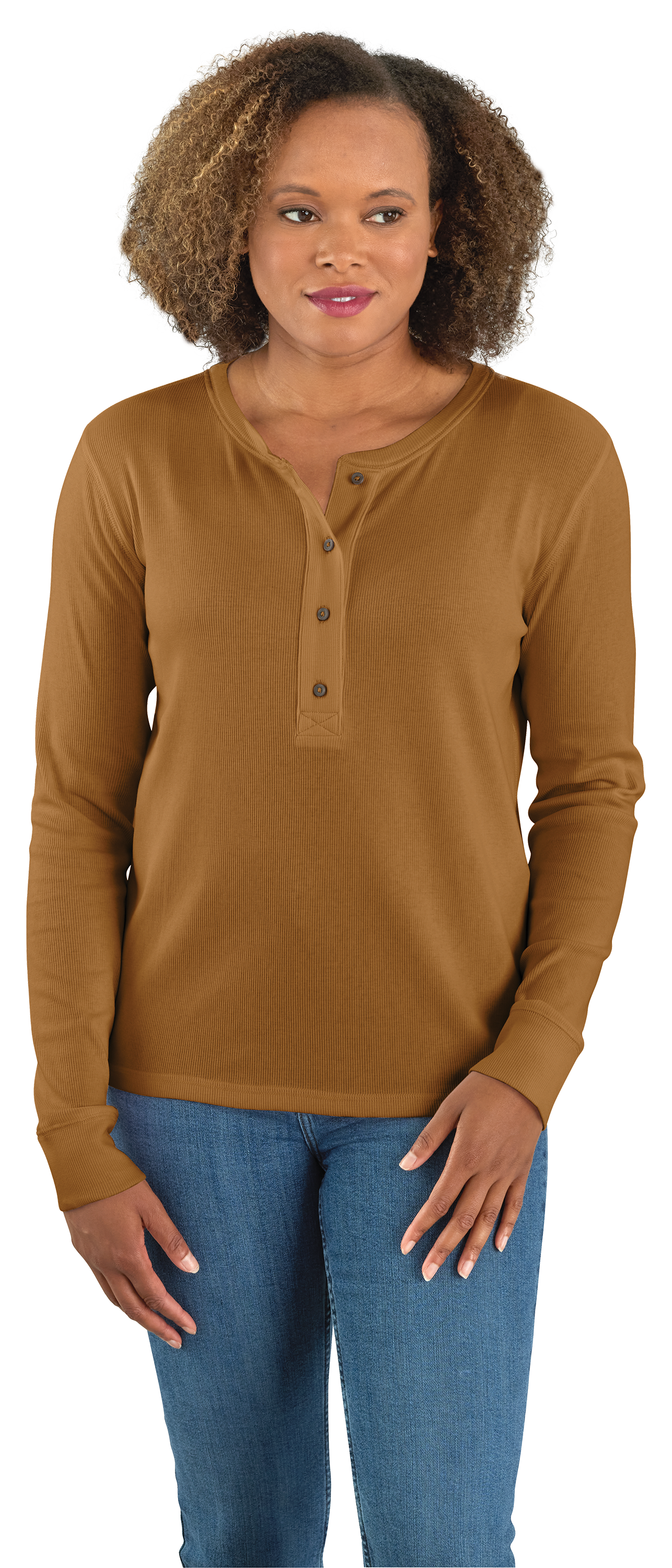 Image of Carhartt TENCEL Series Relaxed-Fit Ribbed Long-Sleeve Henley Shirt for Ladies - Carhartt Brown - 2X