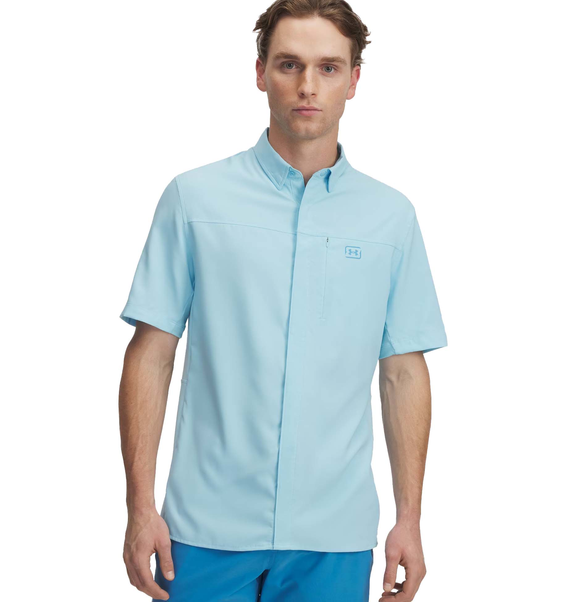 Image of Under Armour Shorebreak Hybrid Woven Short-Sleeve Button-Down Shirt - Stream/Ether Blue