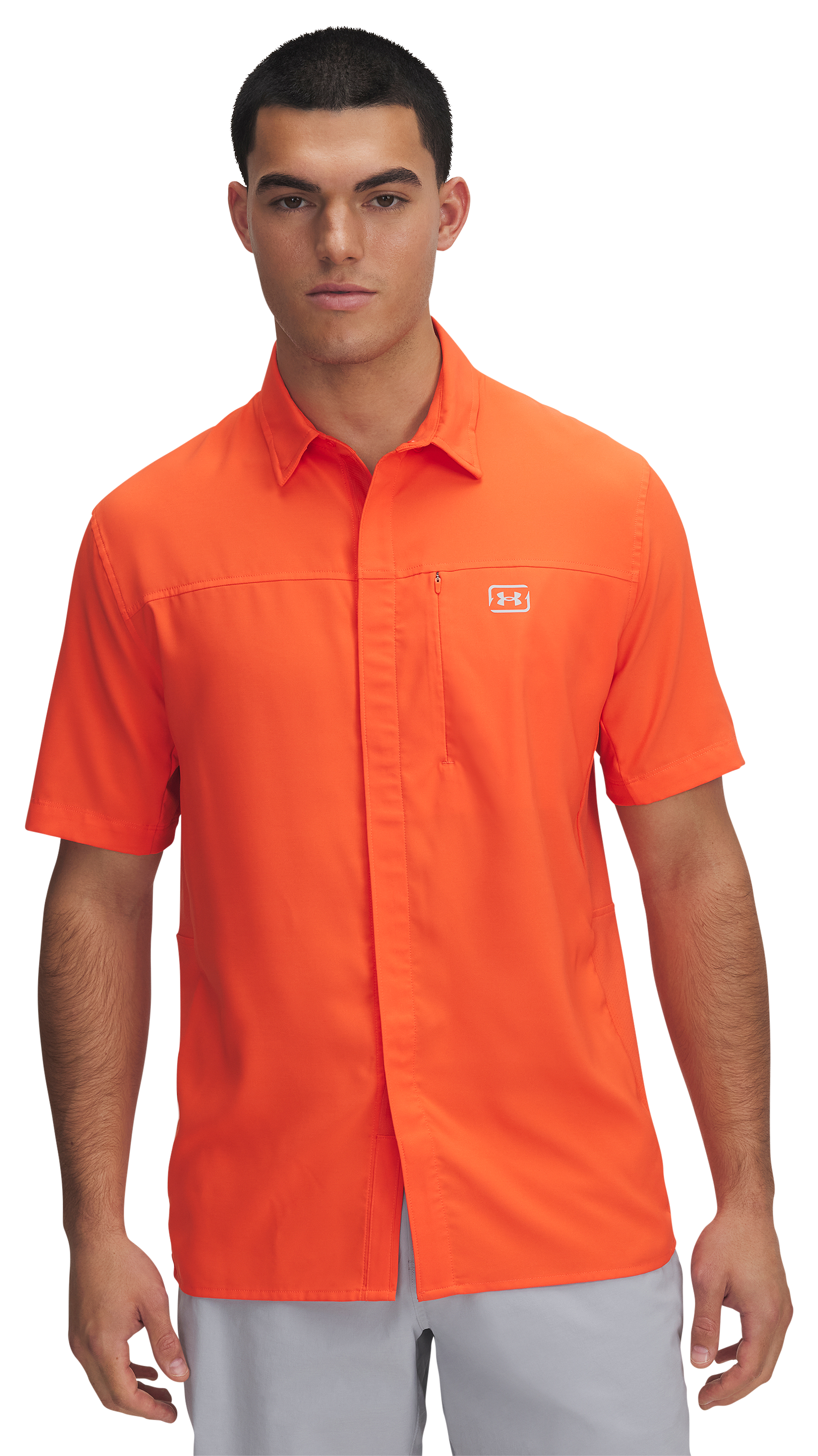 Image of Under Armour Shorebreak Hybrid Woven Short-Sleeve Button-Down Shirt for Men - Fire - 2XL