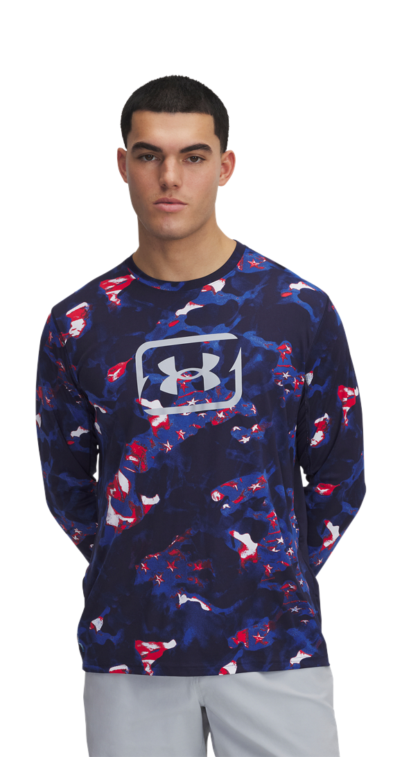 Image of Under Armour Fish Pro Freedom AOP Long-Sleeve Shirt for Men - Midnight Navy/Mod Gray