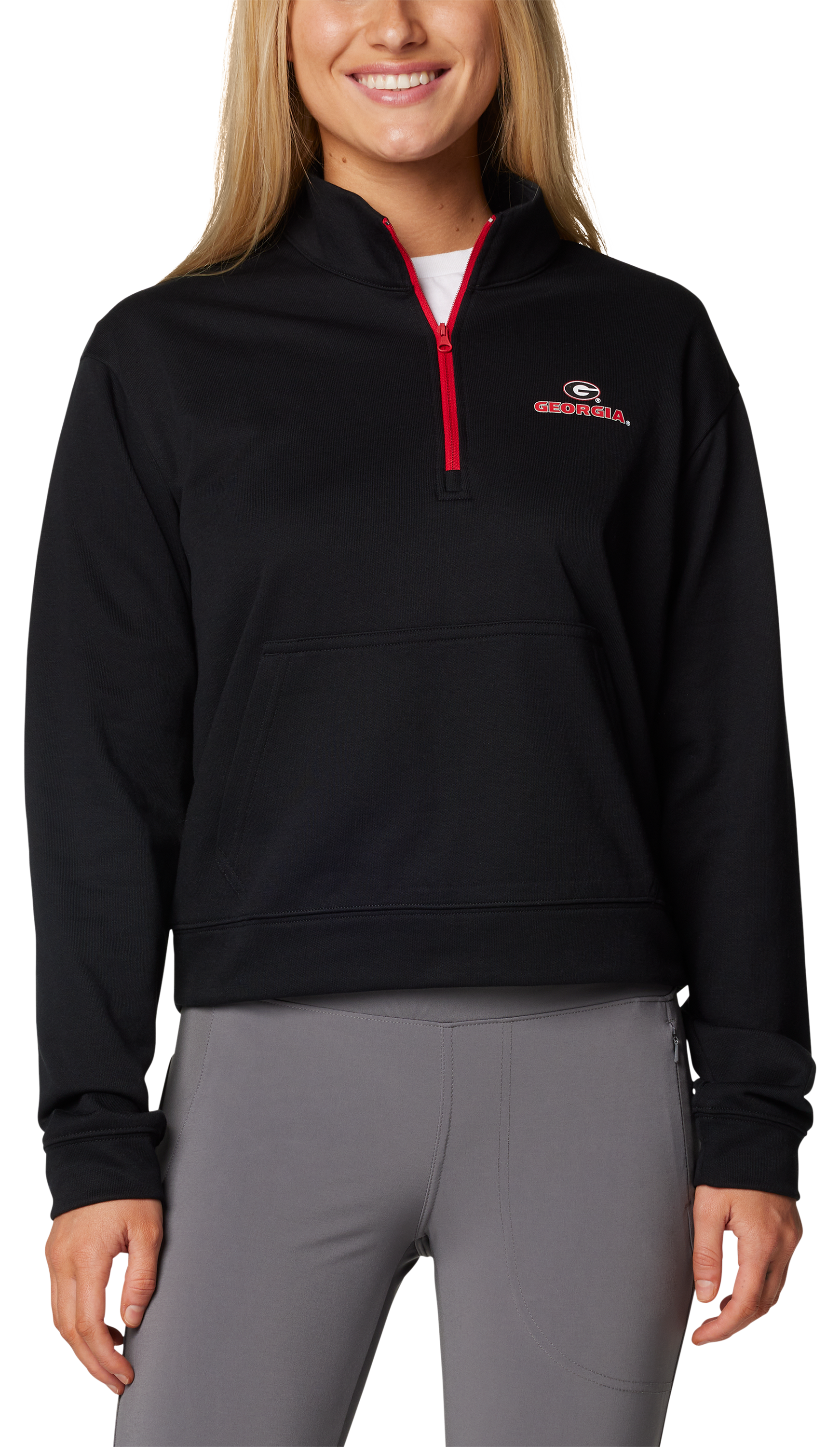 Image of Columbia Collegiate Trek French Terry Half-Zip Pullover for Ladies - Univ of Georgia/Black - S