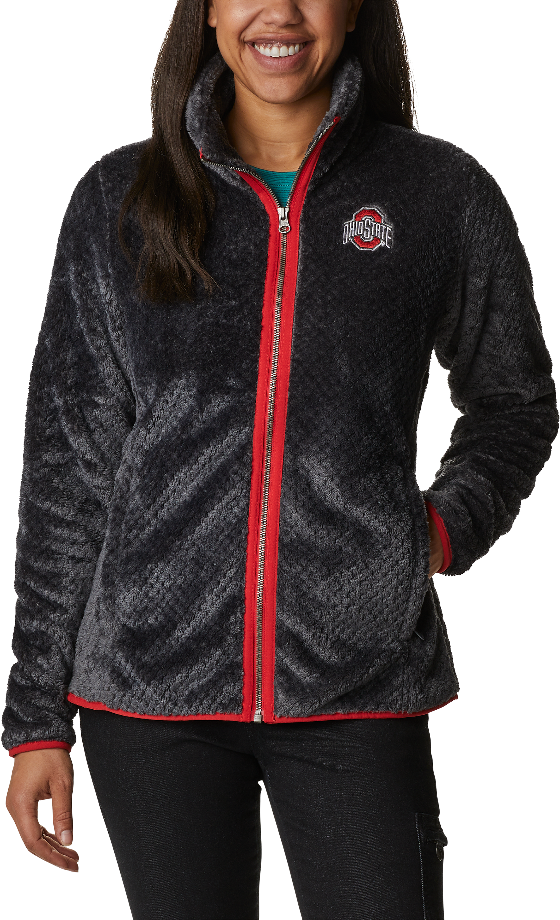 Image of Columbia Collegiate Fire Side II Sherpa Full-Zip Fleece for Ladies - Ohio State Univ/Shark - M