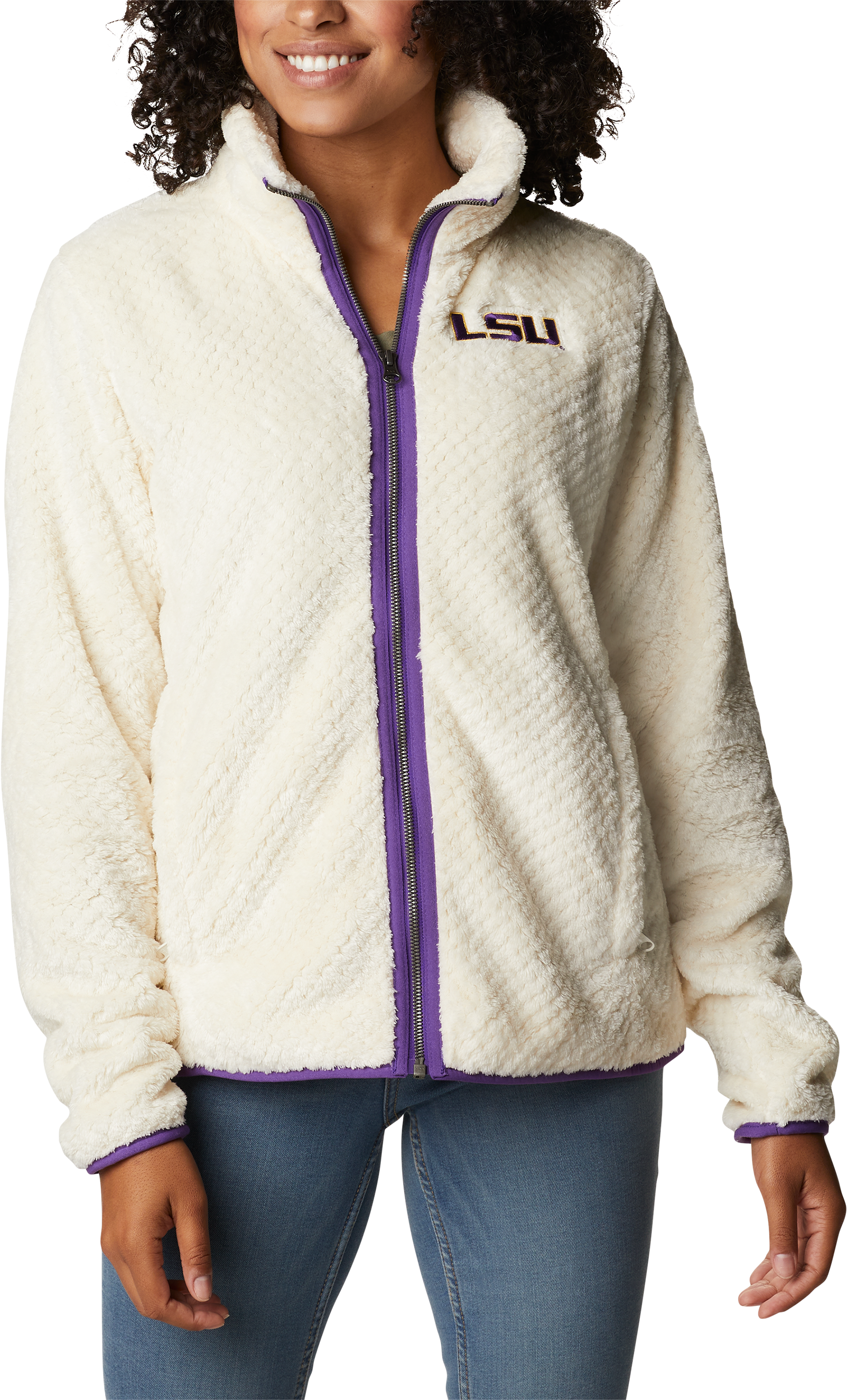 Image of Columbia Collegiate Fire Side II Sherpa Full-Zip Fleece for Ladies - Louisiana State Univ/Chalk - S